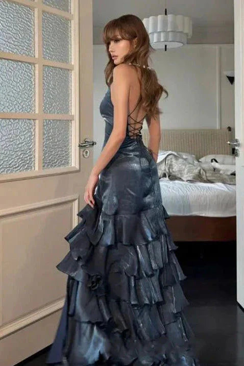 Edgy Navy Blue Sheath V-Neck Spaghetti-Strap Lace-Up-Back Floor-Length Prom Dresses with Ruffles