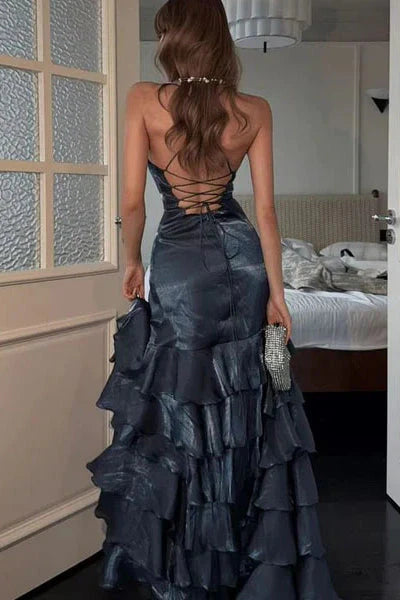 Edgy Navy Blue Sheath V-Neck Spaghetti-Strap Lace-Up-Back Floor-Length Prom Dresses with Ruffles