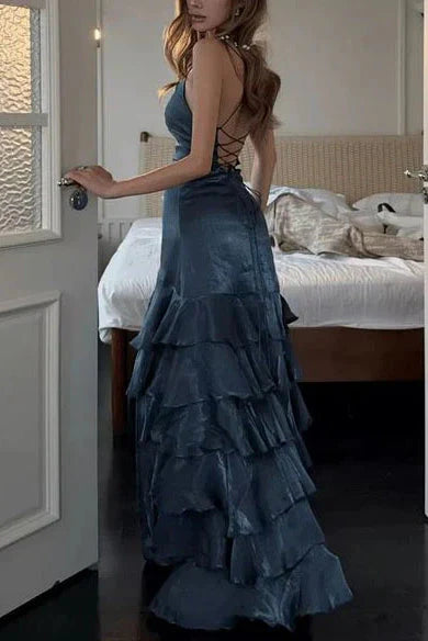 Edgy Navy Blue Sheath V-Neck Spaghetti-Strap Lace-Up-Back Floor-Length Prom Dresses with Ruffles