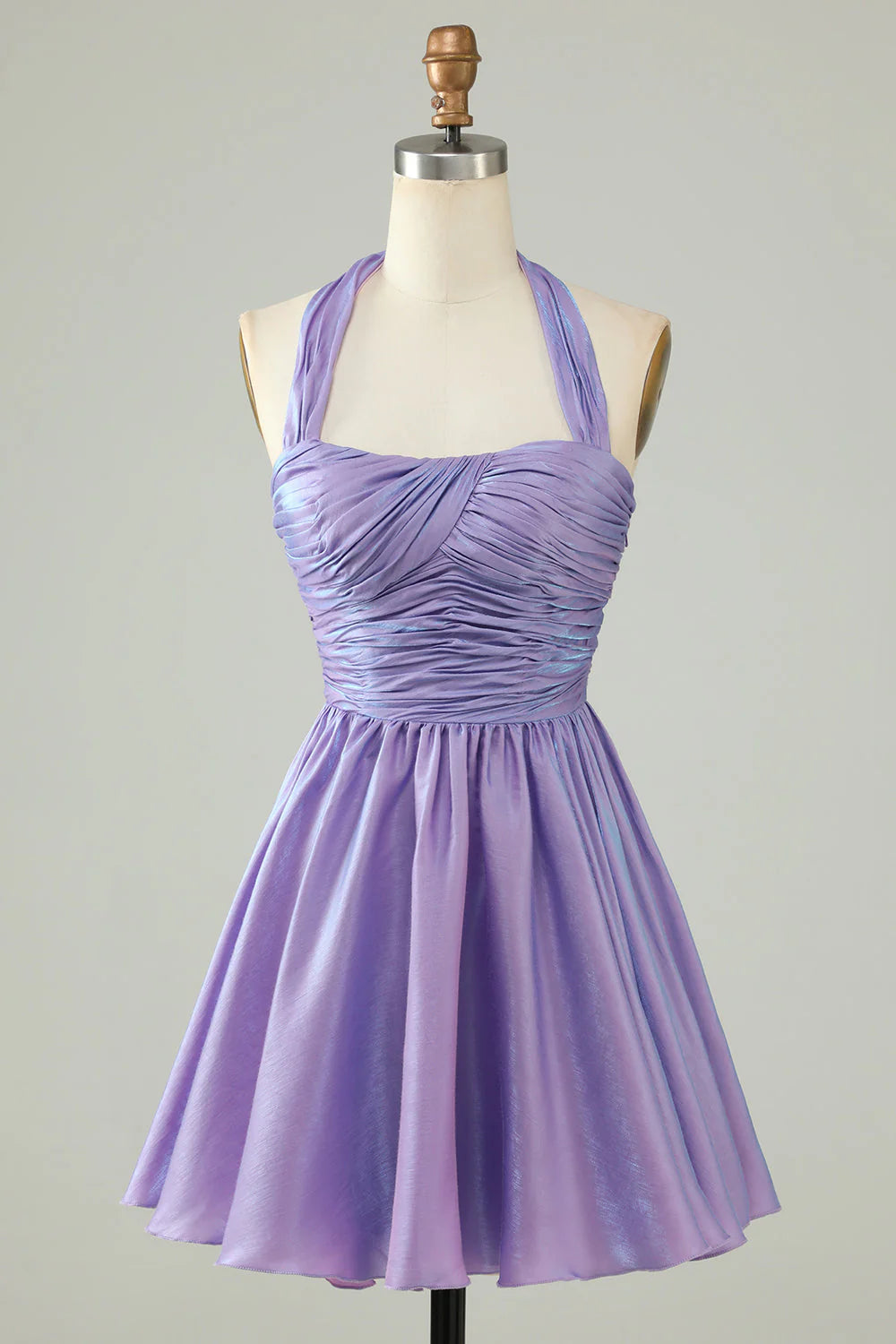 Purple A-line halter homecoming dress with open back.
