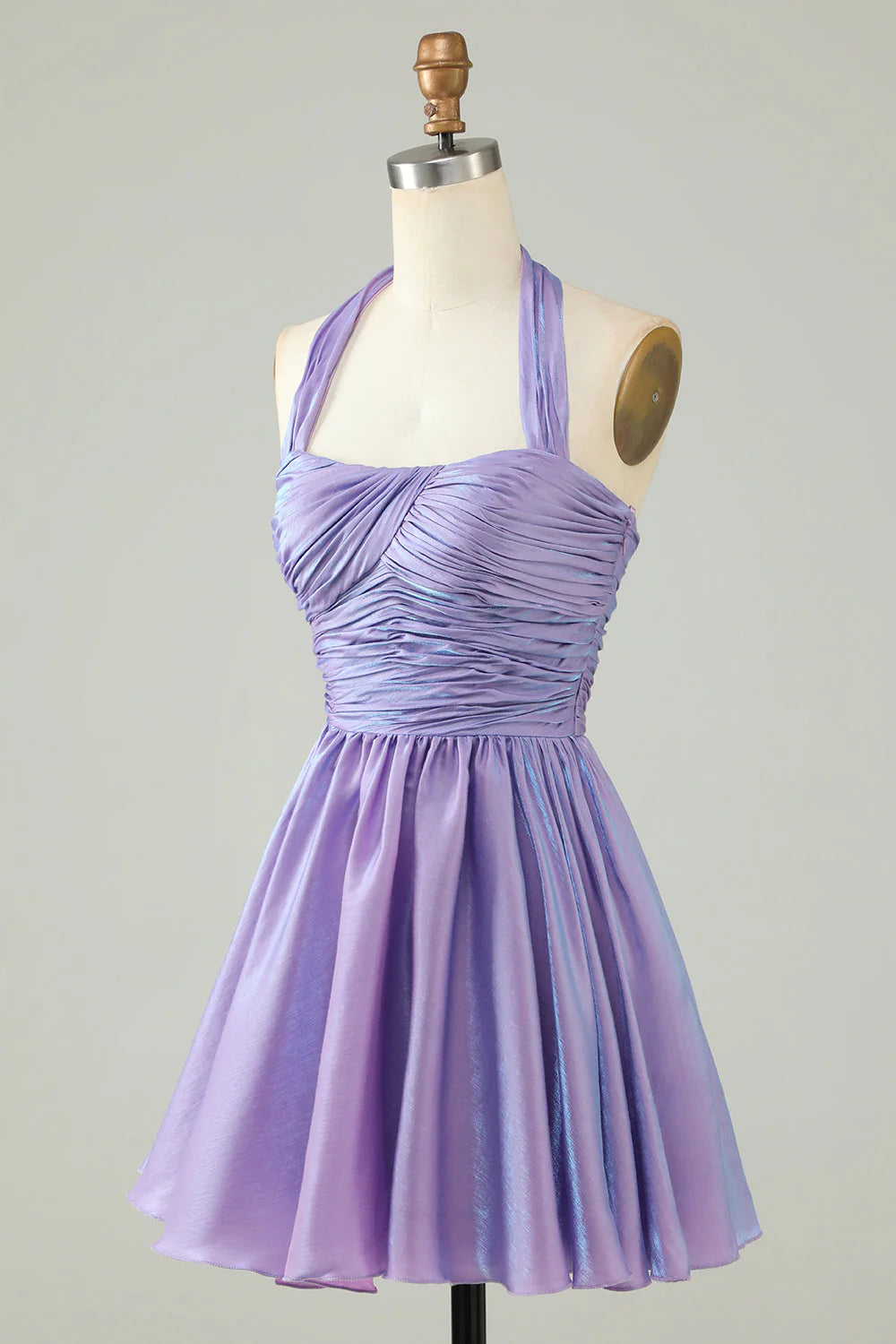 Side view of short purple satin homecoming dress.