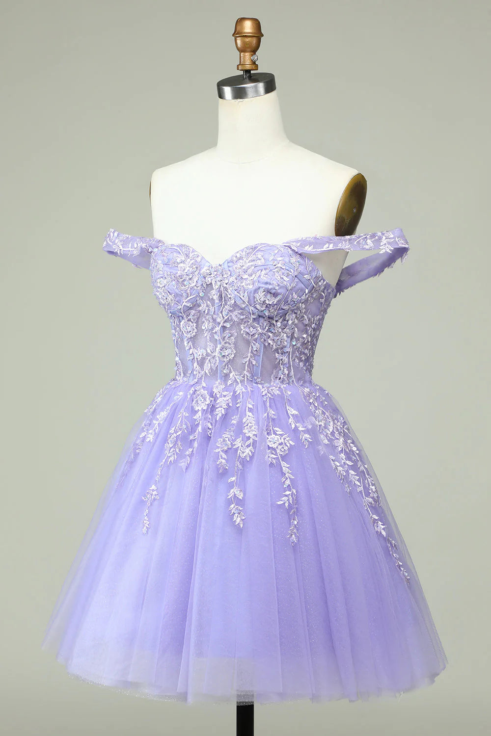 Back view of a lilac A-line off-shoulder short homecoming dress with corset detailing.