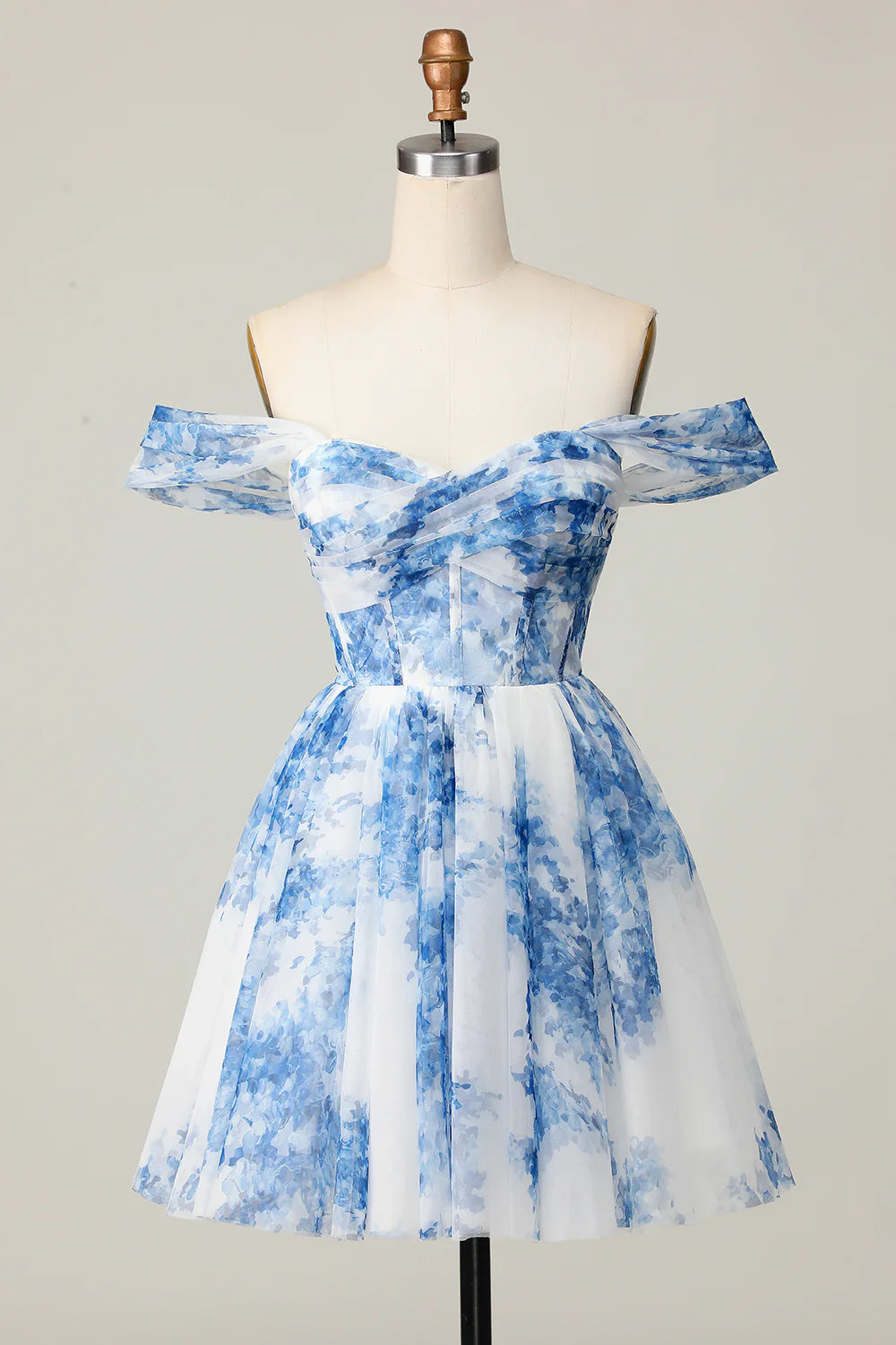 White and blue floral off-shoulder A-line homecoming dress.