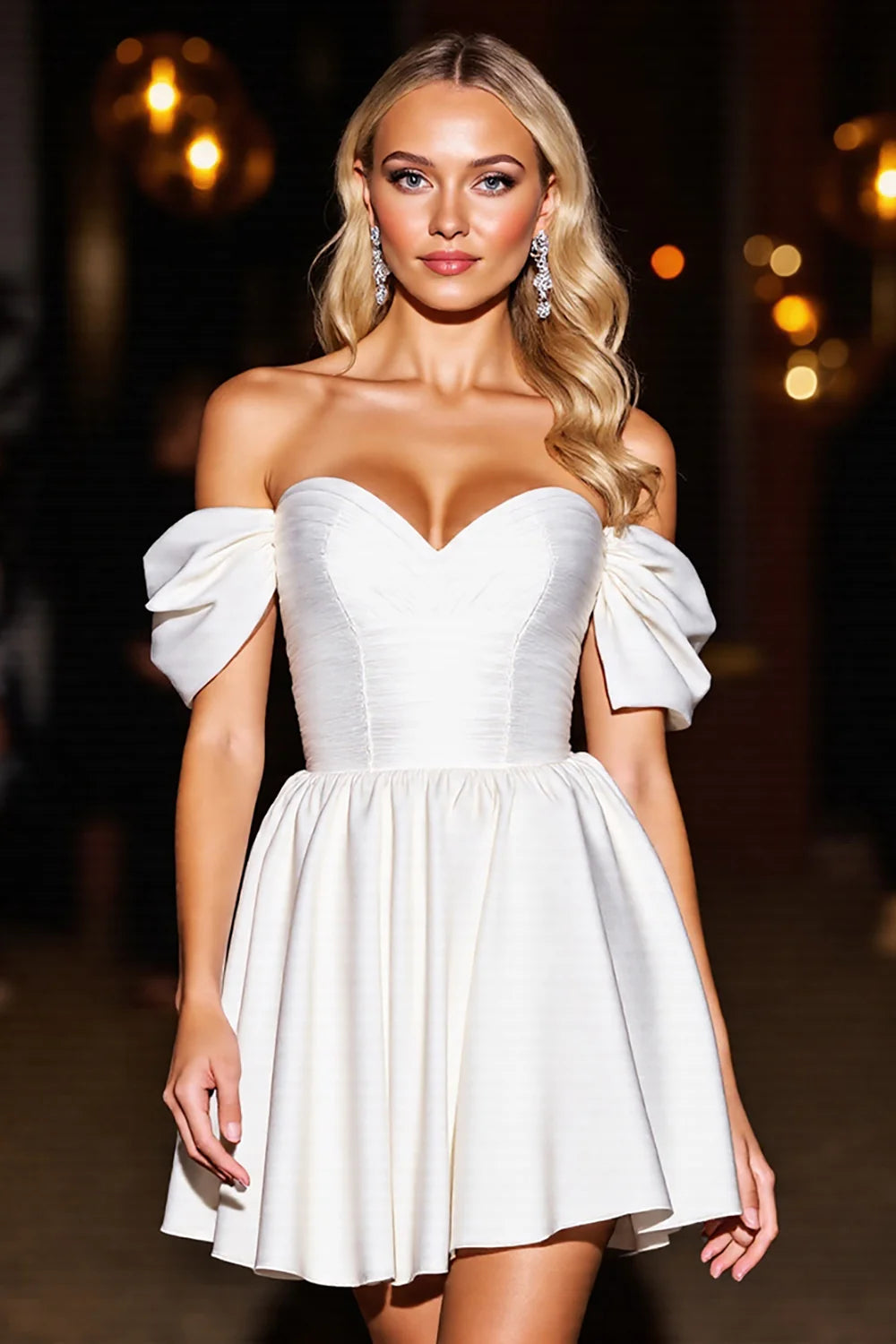 Model wearing a white off-the-shoulder A-line satin homecoming dress.