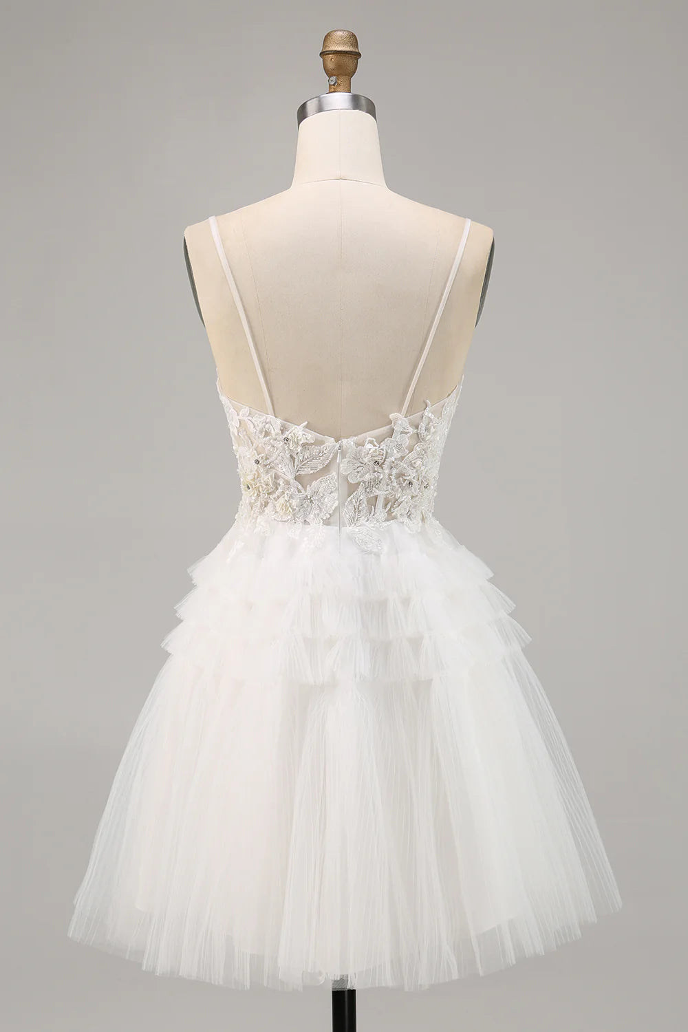 Back view of white sequined tulle A-line homecoming dress.