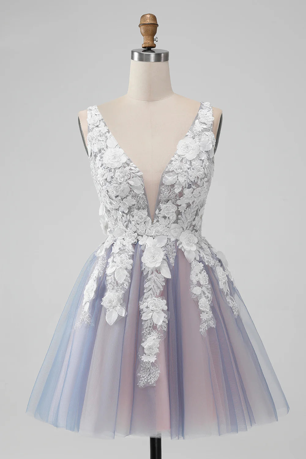 Elegant grey pink A-line homecoming dress with spaghetti straps, floral details, and pearl embellishments.