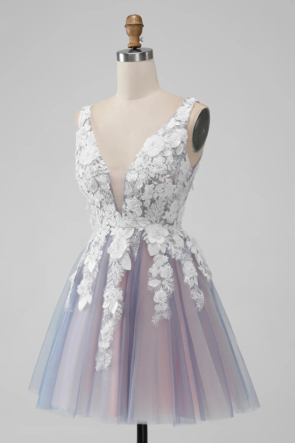 Back view of the grey pink A-line short homecoming dress with spaghetti straps.