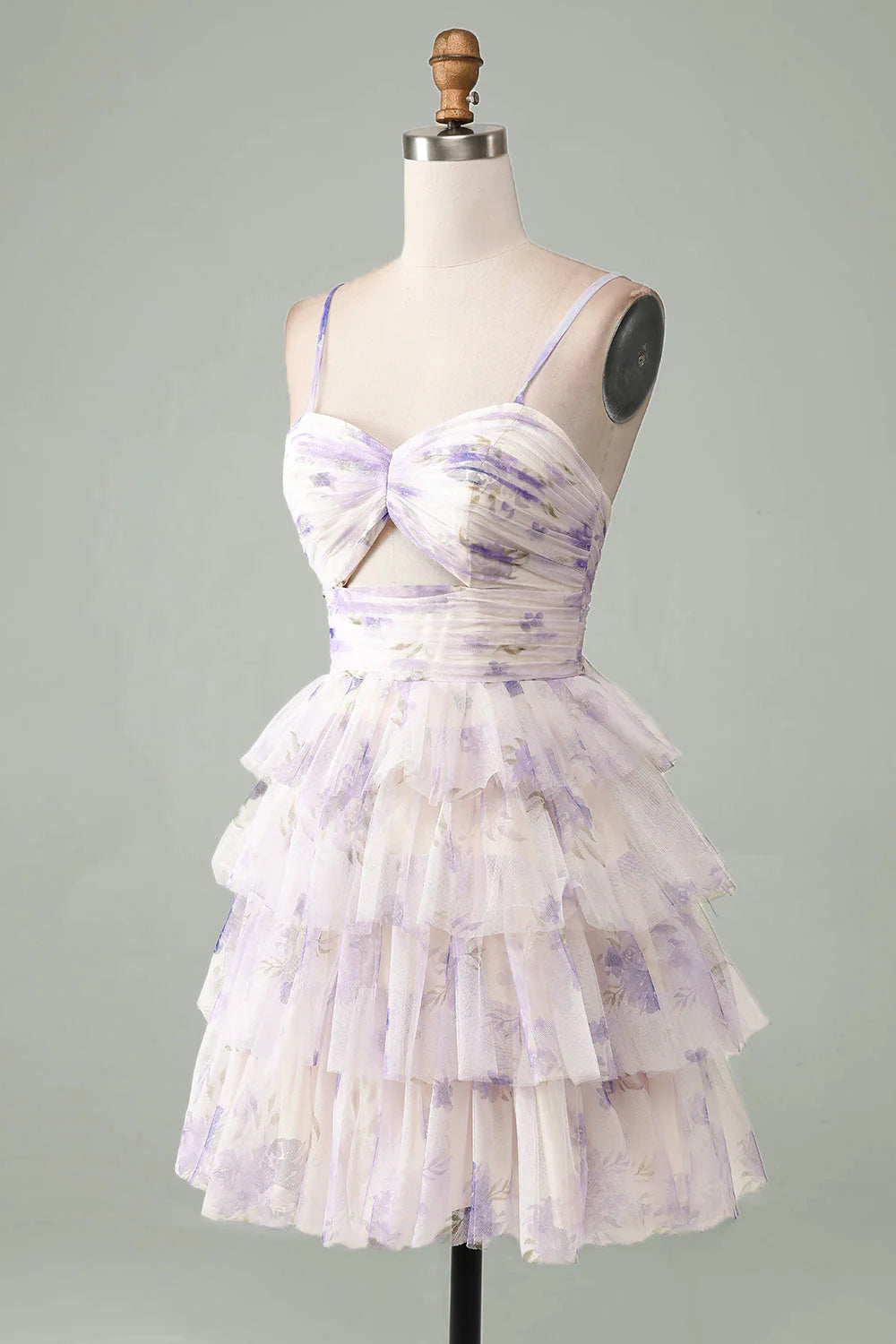 Back view of a pleated lavender short dress.