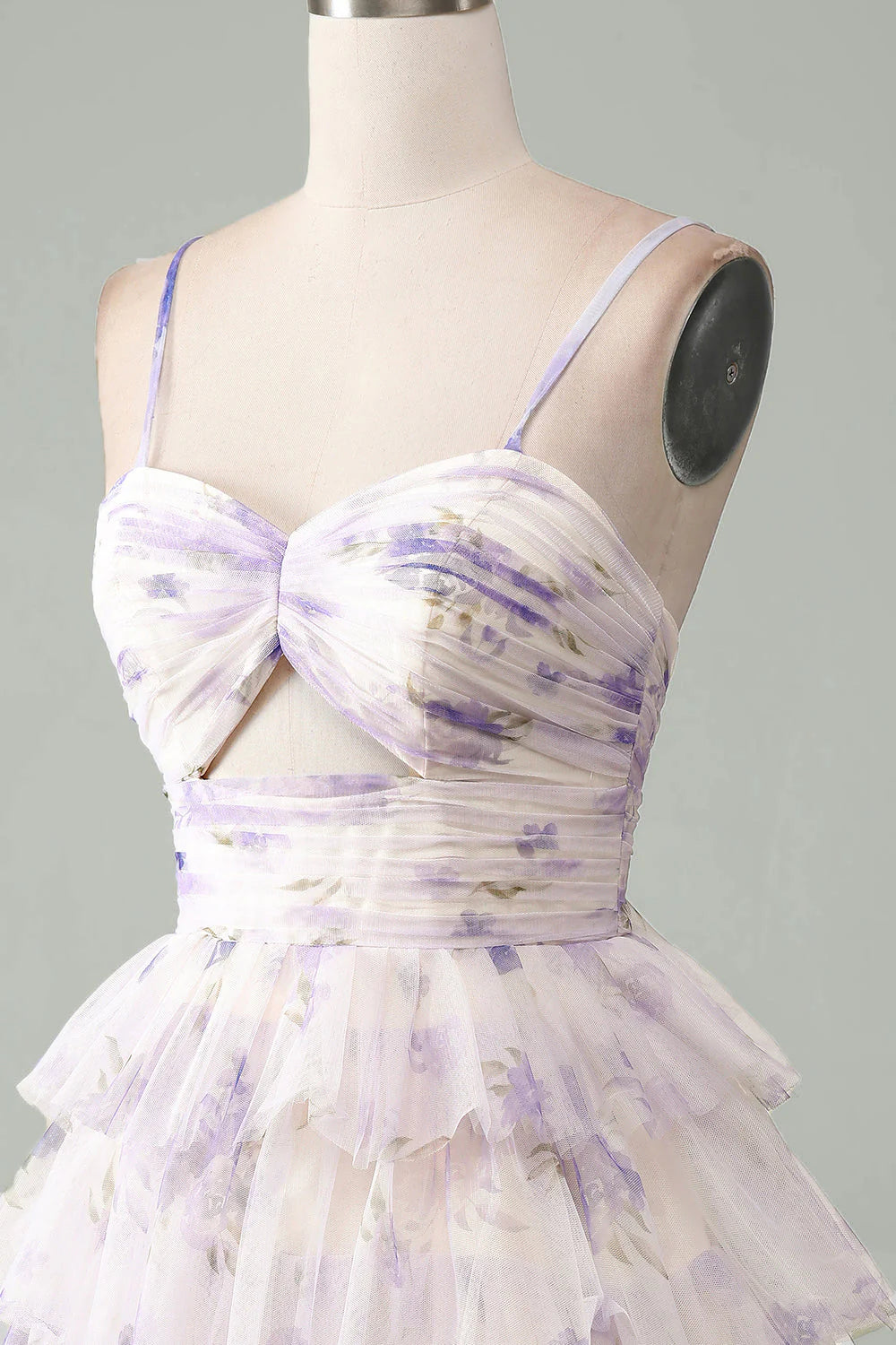 Full view of a short lavender A-line dress with delicate straps.