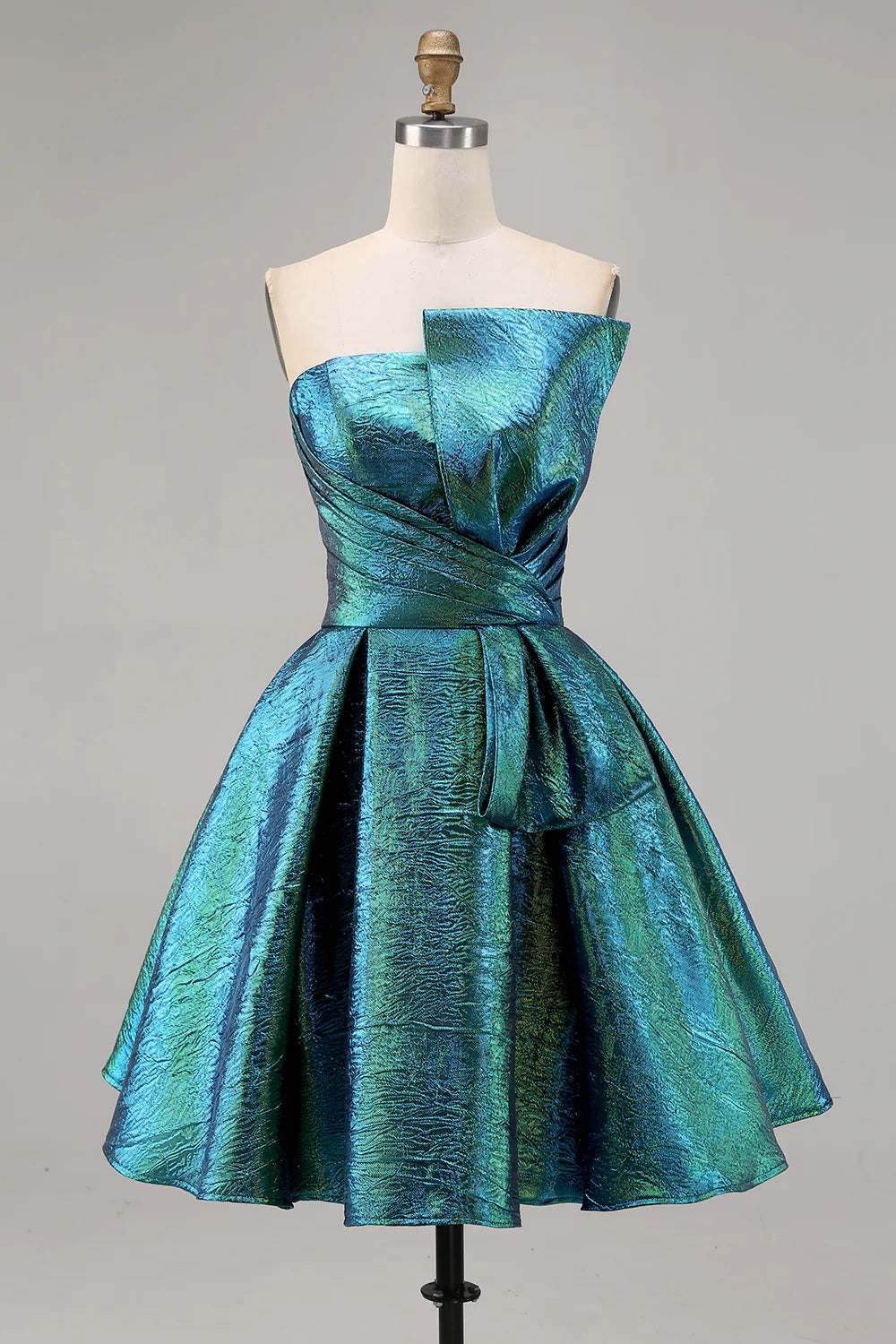 Peacock green A-line strapless short homecoming dress with a ruched corset and bow detail.