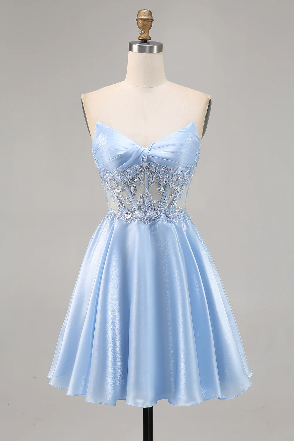 Light blue strapless A-line satin homecoming dress with appliques, front view.