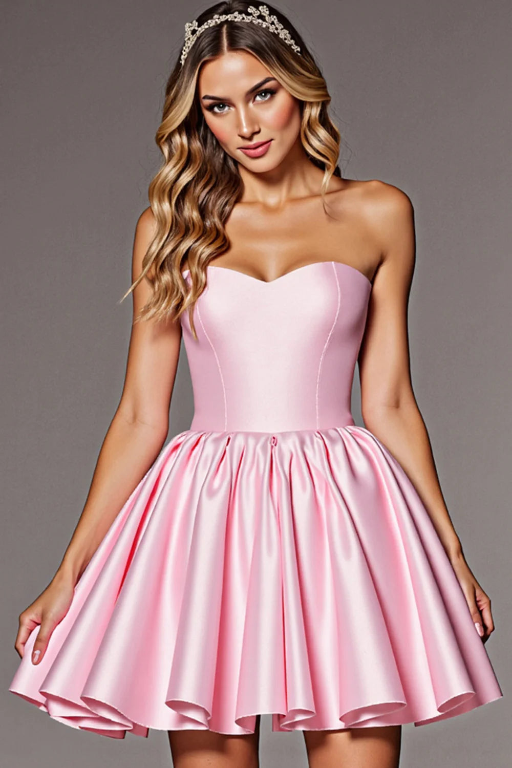 Front view of a model wearing a pink strapless A-line satin homecoming dress.