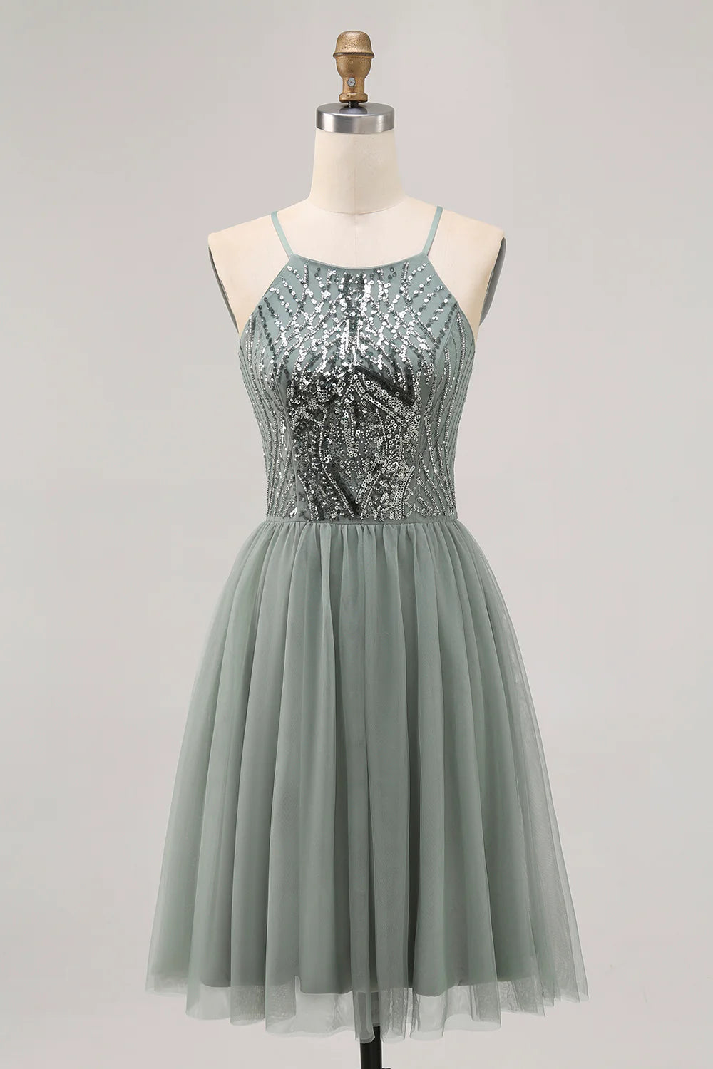 Front view of a model wearing a grey blue A-line sequin tulle short homecoming dress.