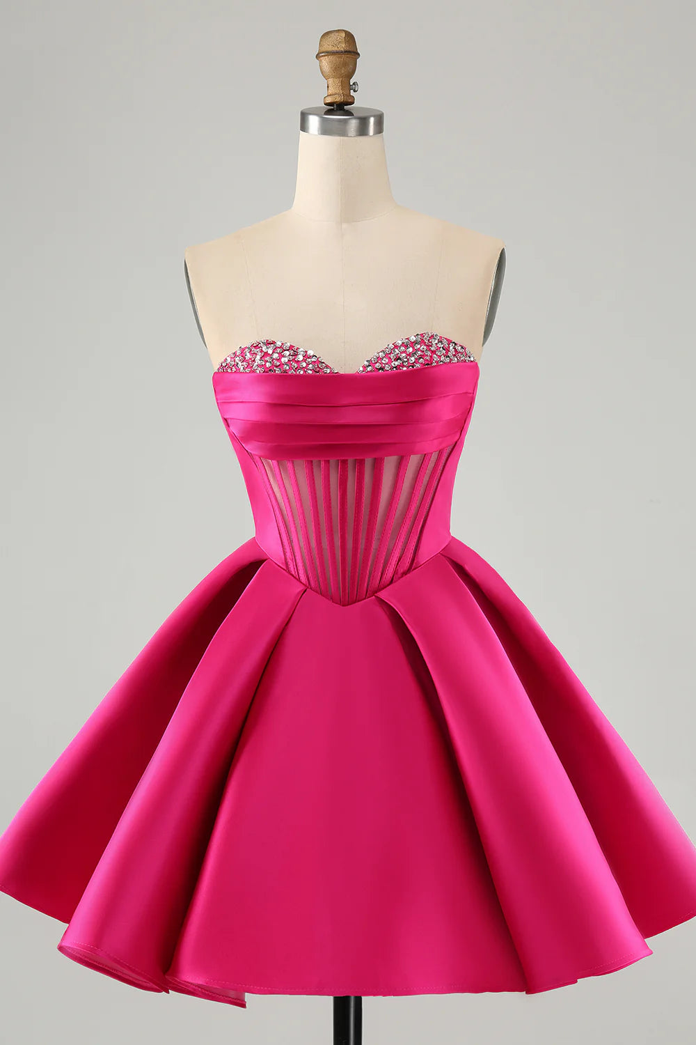 Fuchsia A-line sweetheart corset short homecoming dress with beading.