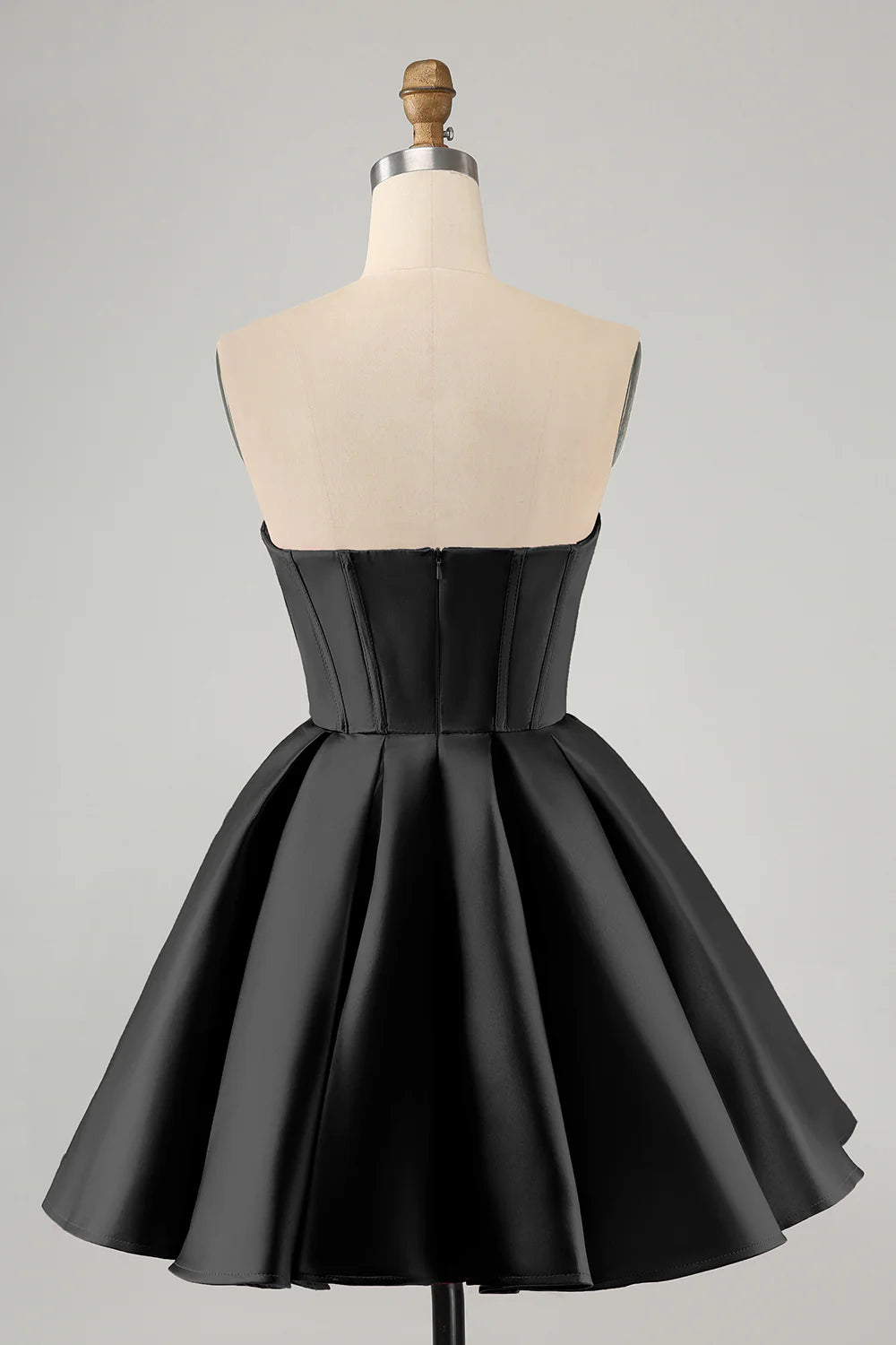 Black A-line sweetheart corset short homecoming dress, back view.