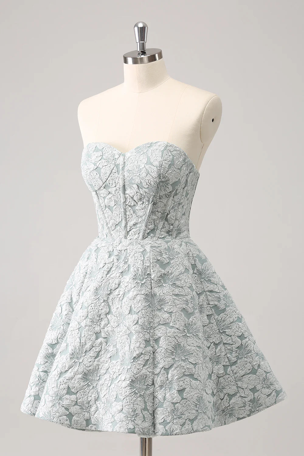 Back view of the grey green sweetheart corset short homecoming dress.