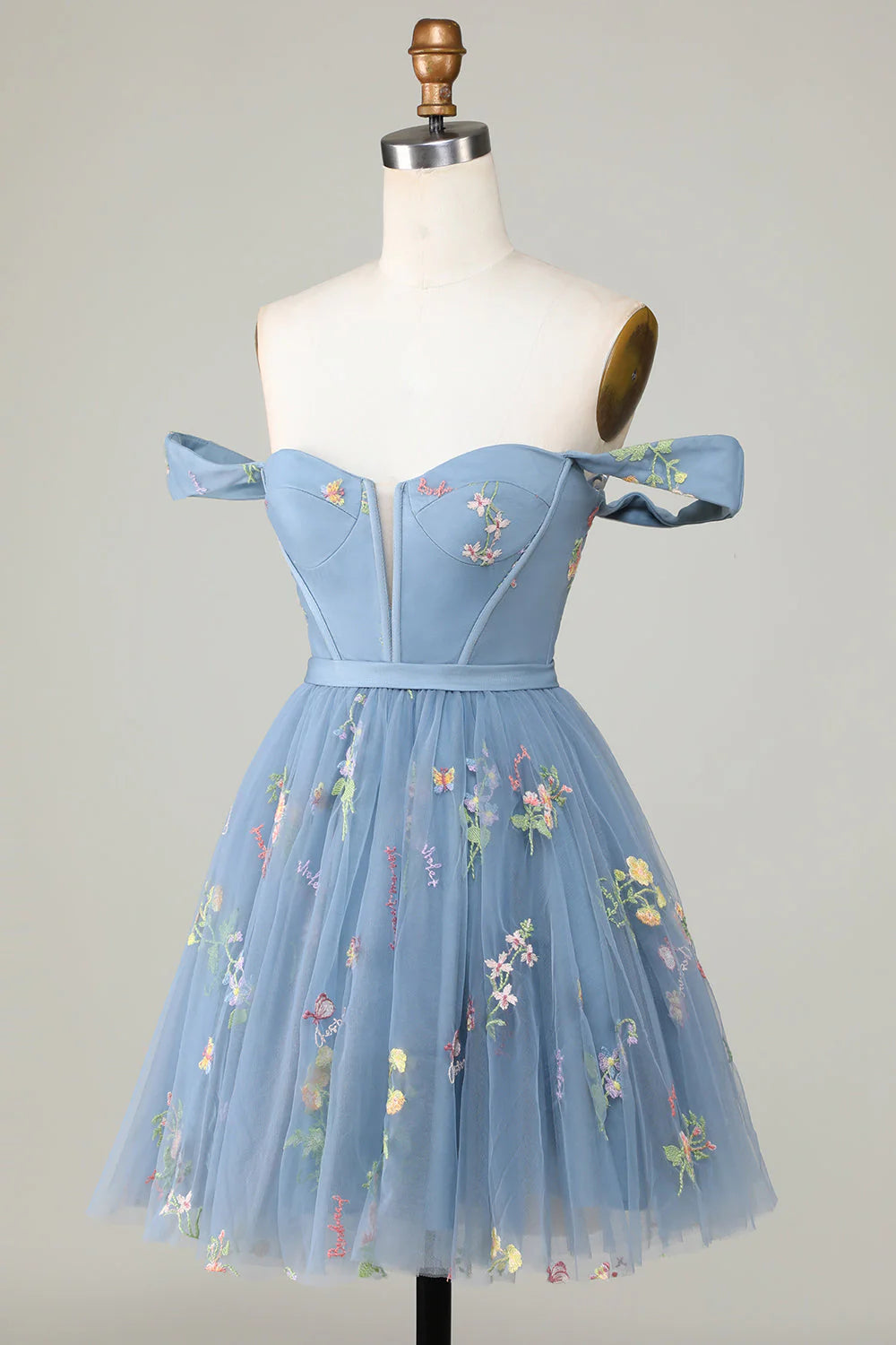 Back view of the grey blue A-line sweetheart homecoming dress, showcasing its short length.