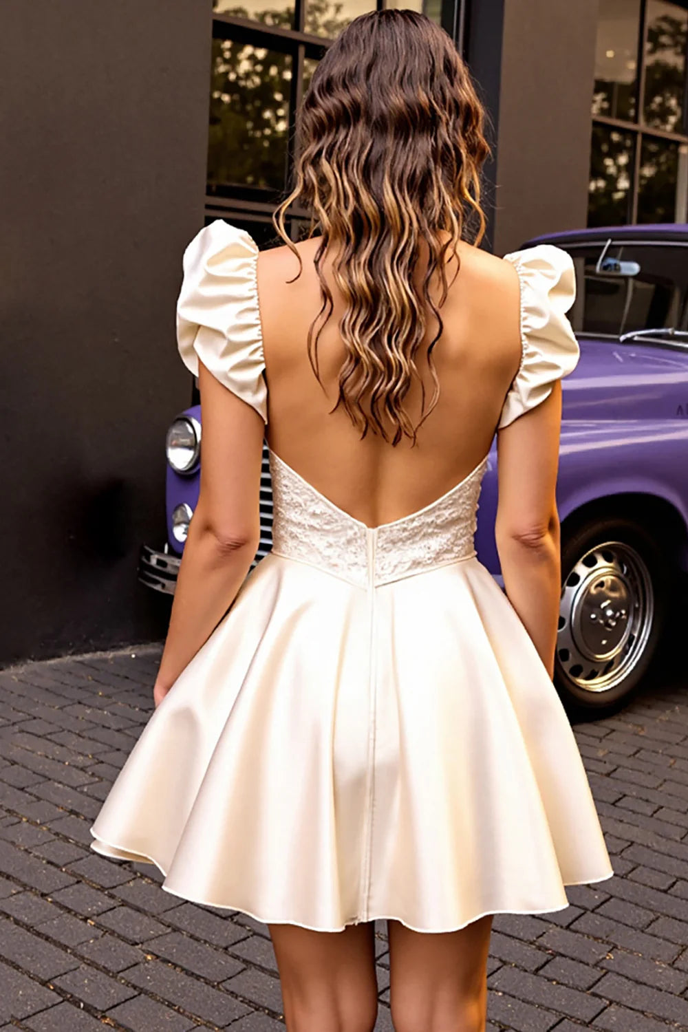 Back view of the ivory satin A-line short homecoming dress.