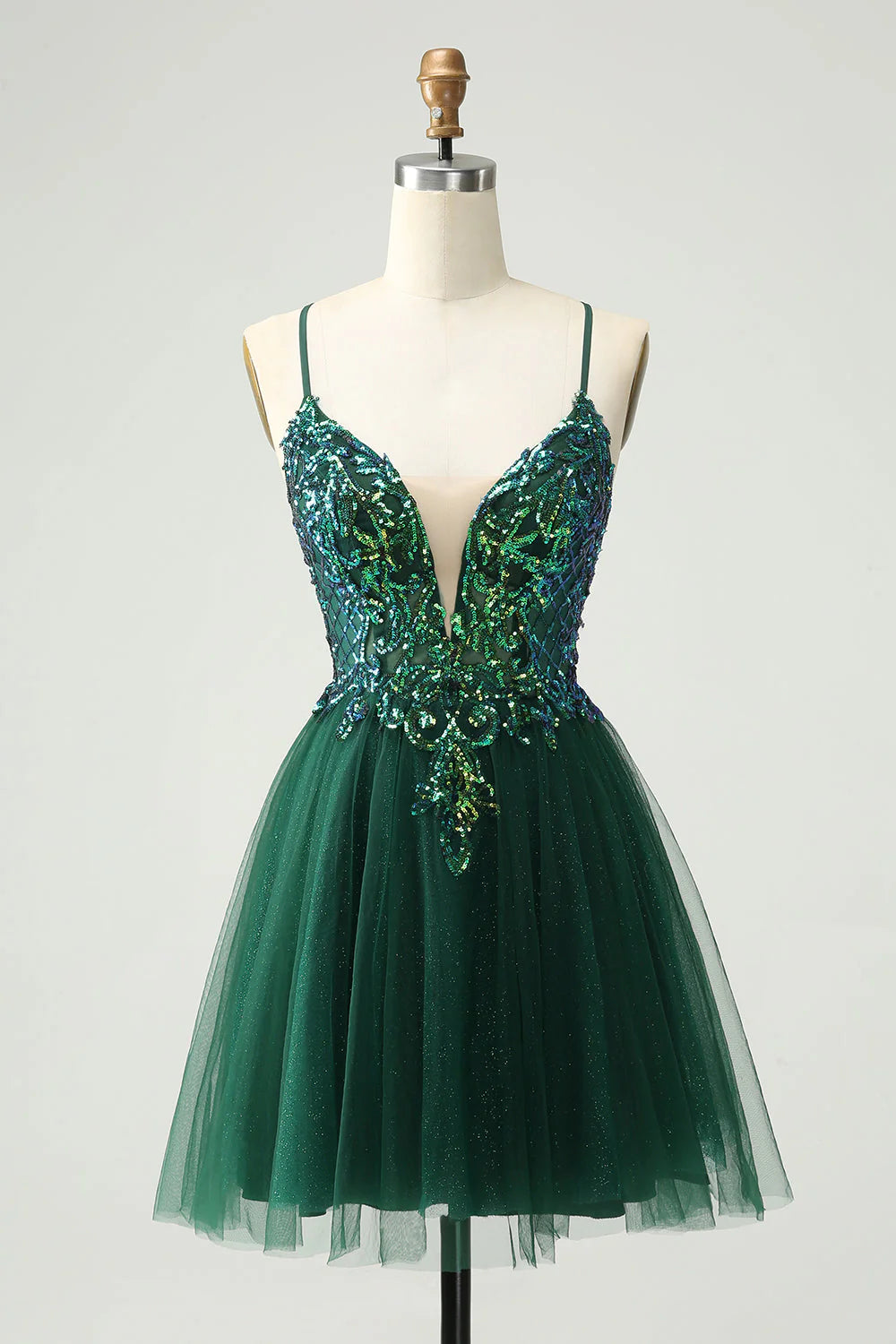 Front view of a dark green A-line V-neck sequin short homecoming dress with appliques.