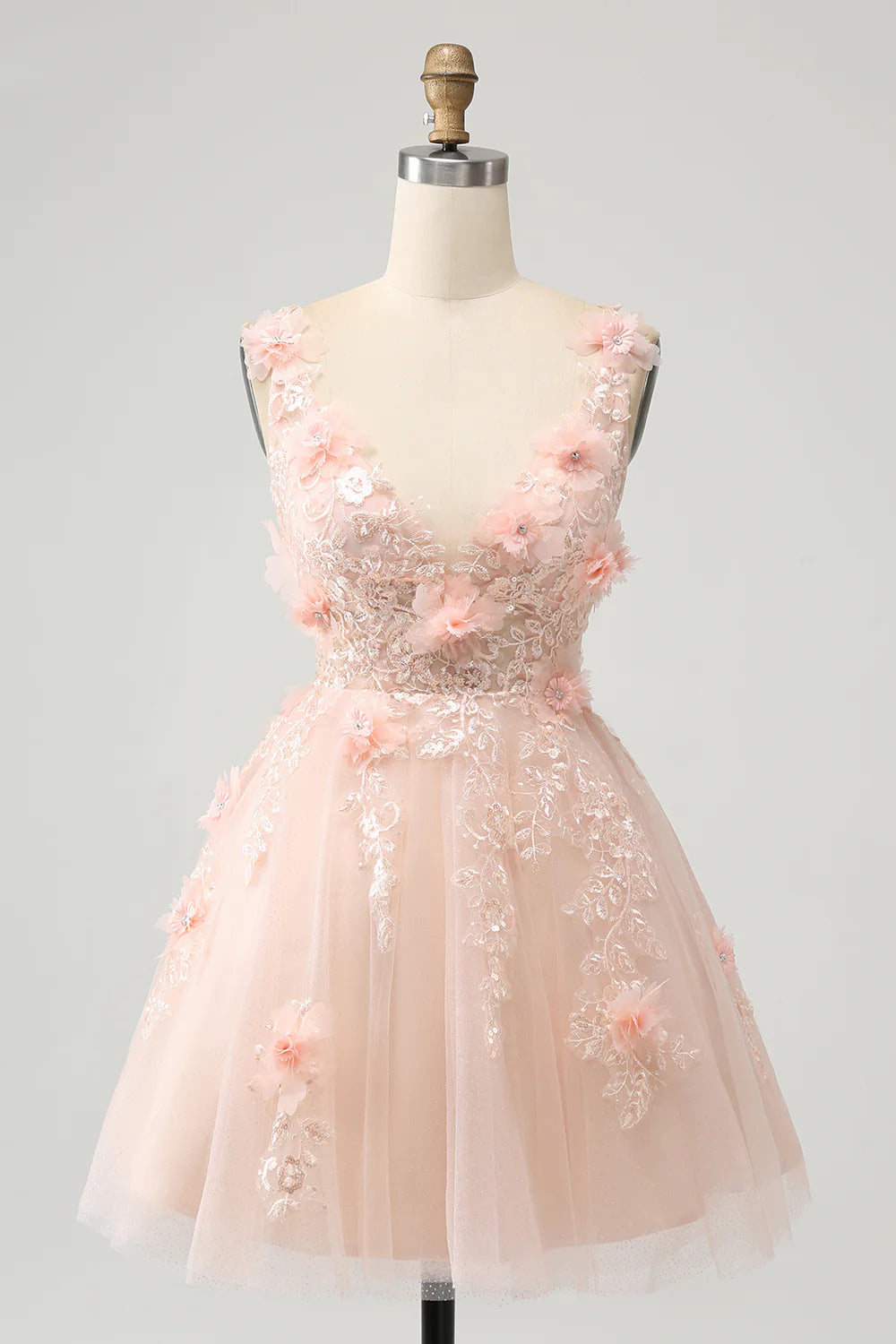 Blush A-line V-neck sequin short homecoming dress with appliques.