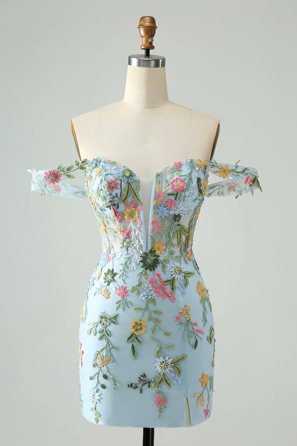 Blue floral mermaid off-shoulder homecoming dress with embroidery.