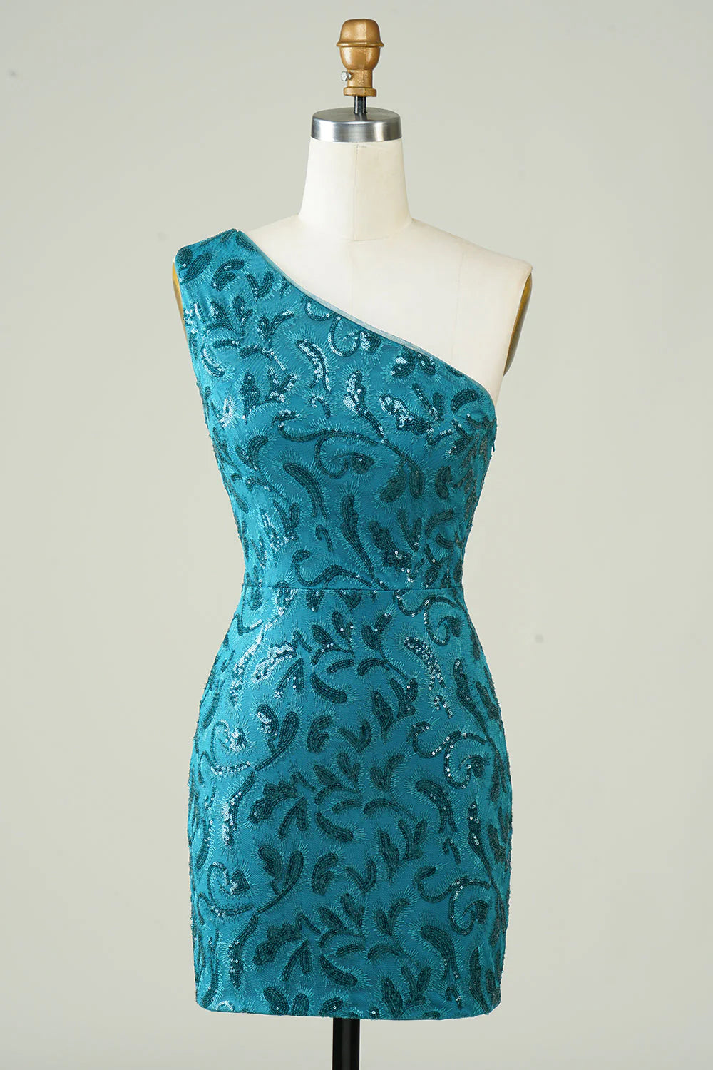 Model wearing a blue one-shoulder tight homecoming dress with a hollow-out back.