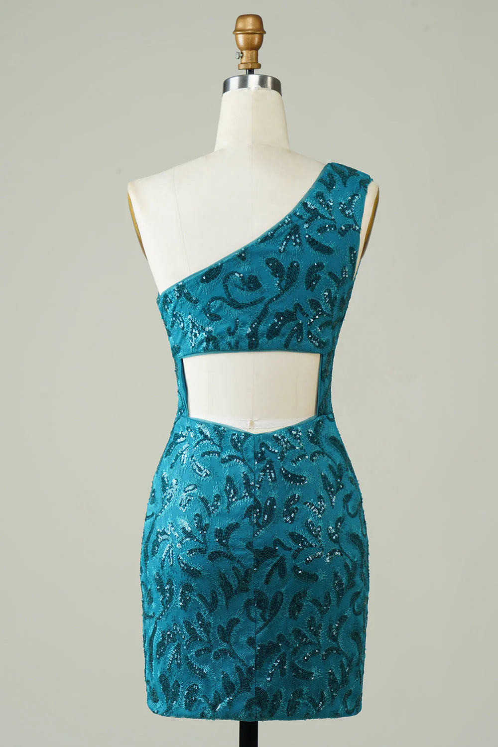Back view of a blue one-shoulder tight homecoming dress, highlighting the hollow-out detail.