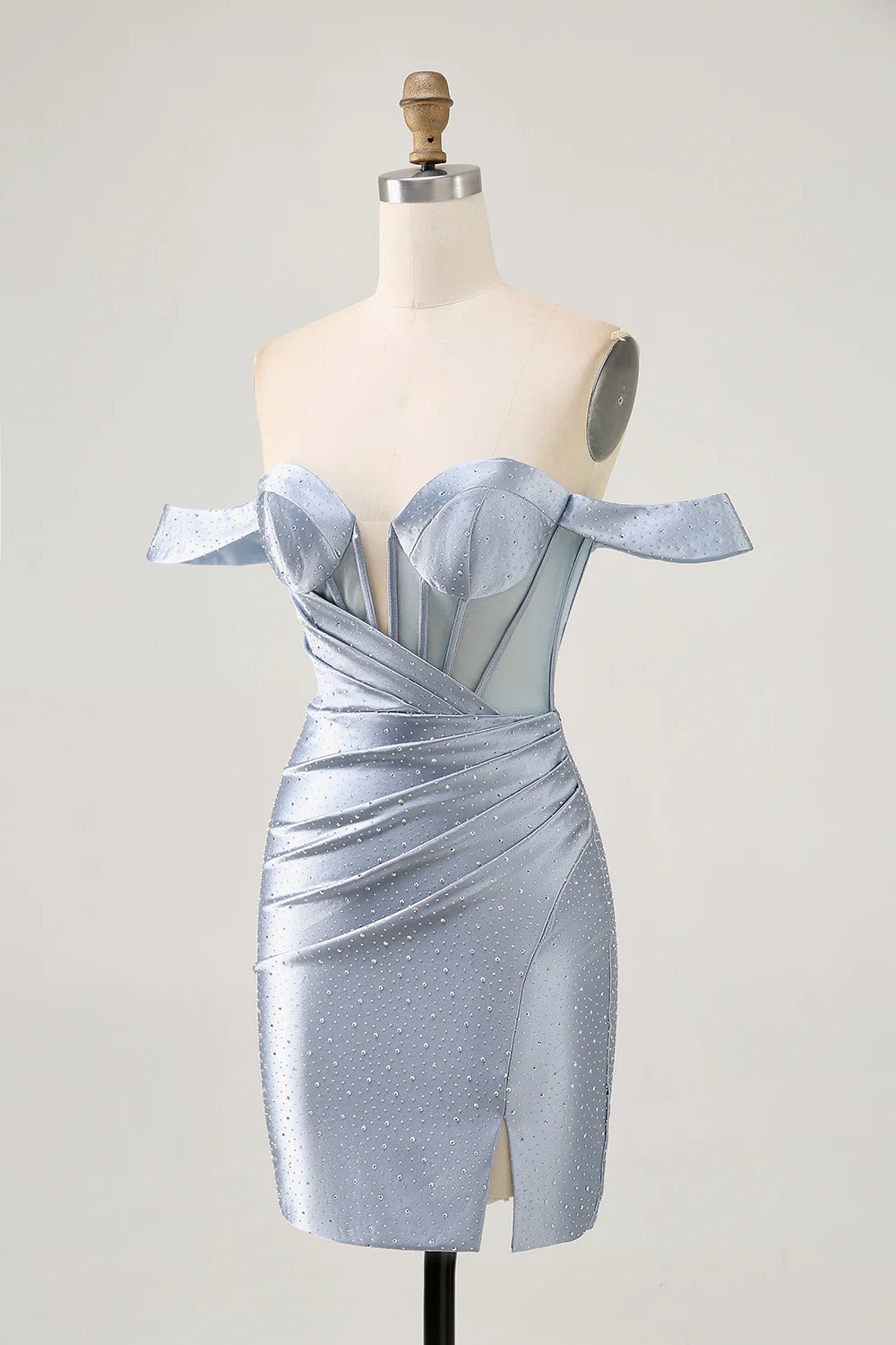 Back view of the dusty blue off-shoulder satin homecoming dress.