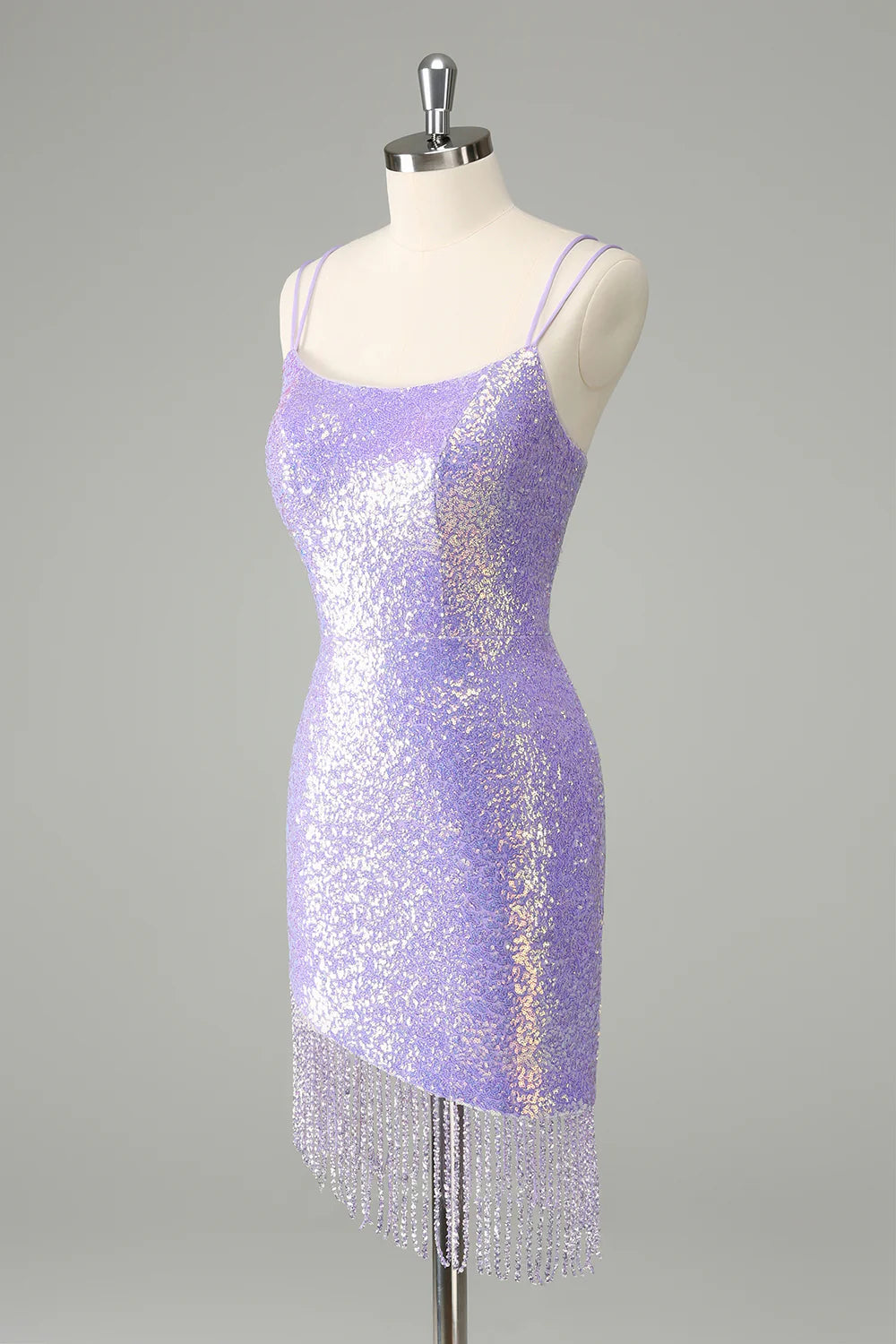 Back view of the short lilac bodycon dress with tassels.