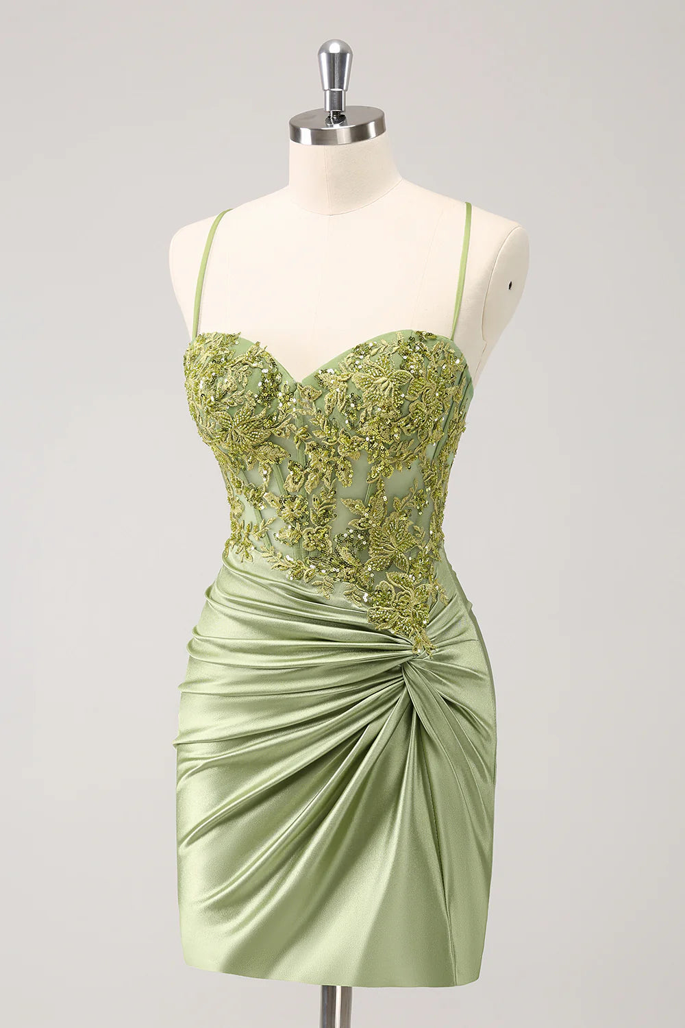 Side view of the army green sequin dress, highlighting the fitted silhouette and ankle length.