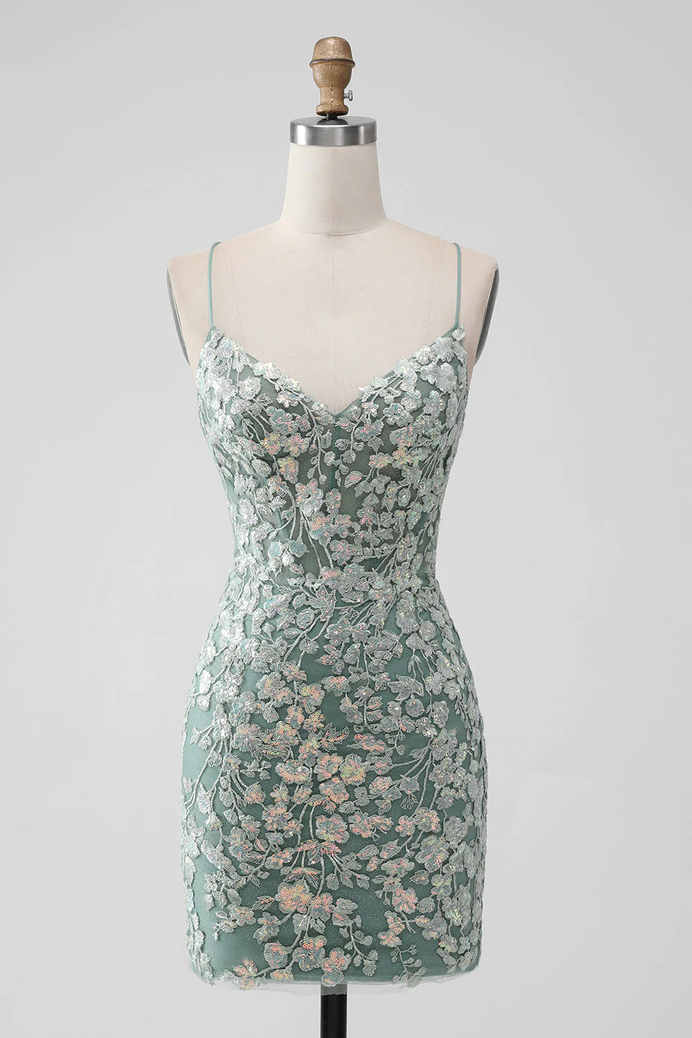 Front view of the grey green bodycon short homecoming dress, highlighting sequin appliques.
