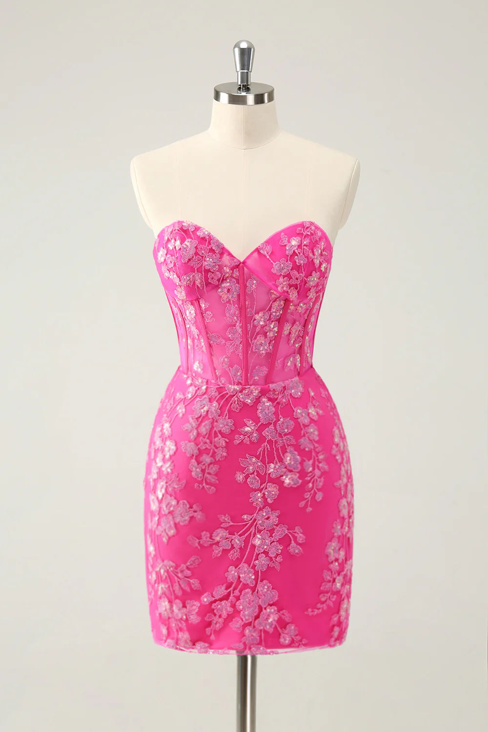 Elegant fuchsia bodycon strapless homecoming dress with sequins.
