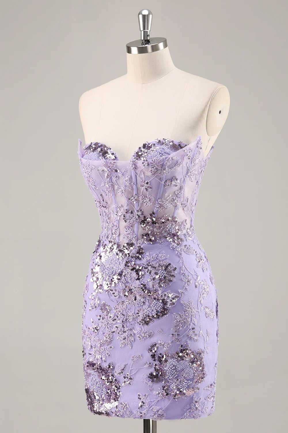 Side view of short purple satin bodycon dress with sequins.