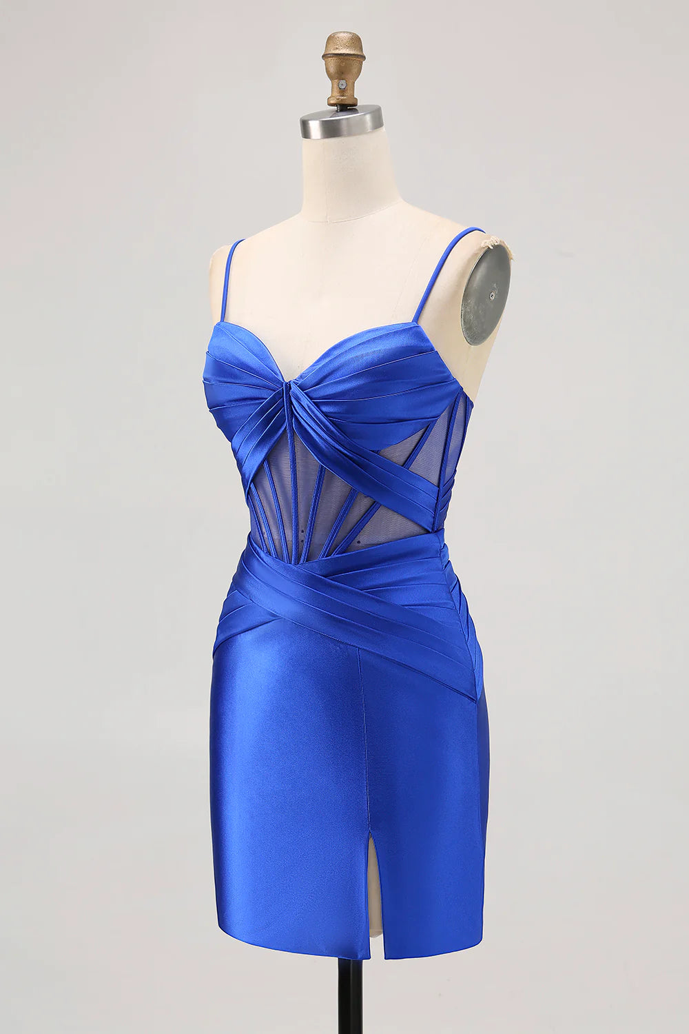 Royal blue pleated bodycon dress with a high slit.
