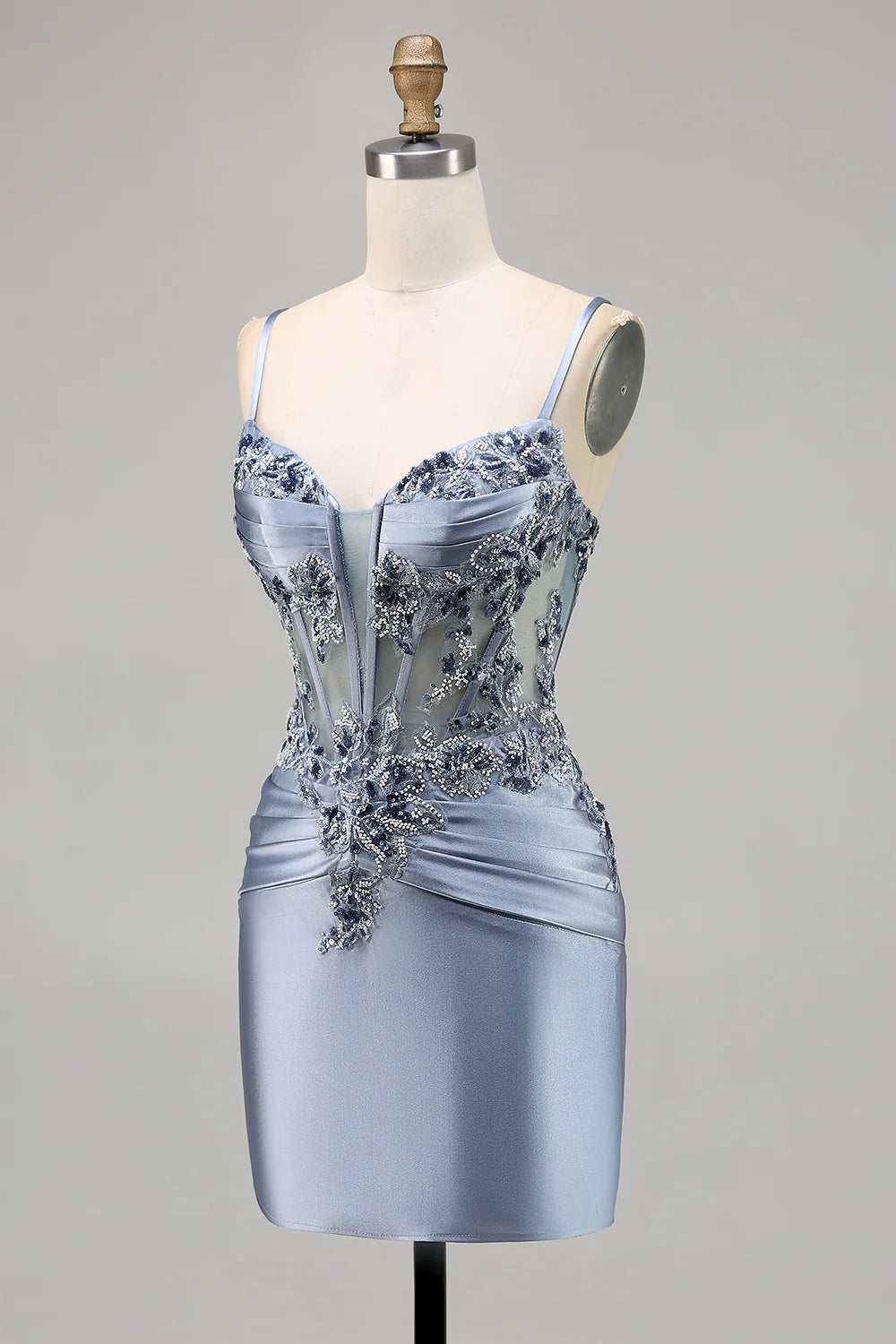Close-up of the beaded corset bodice on the grey blue satin homecoming dress.