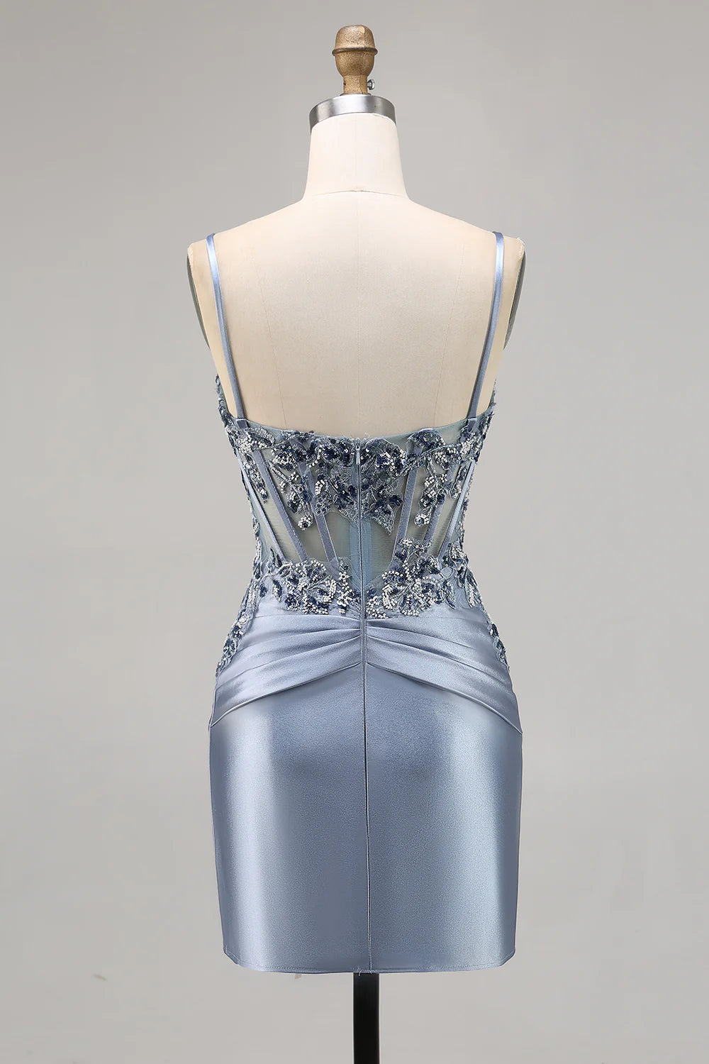 Back view of the grey blue bodycon satin short homecoming dress.