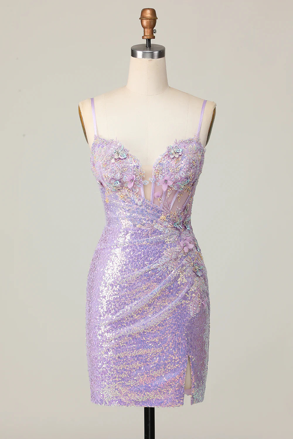 Lilac short bodycon homecoming dress with sequin and applique details, front view.