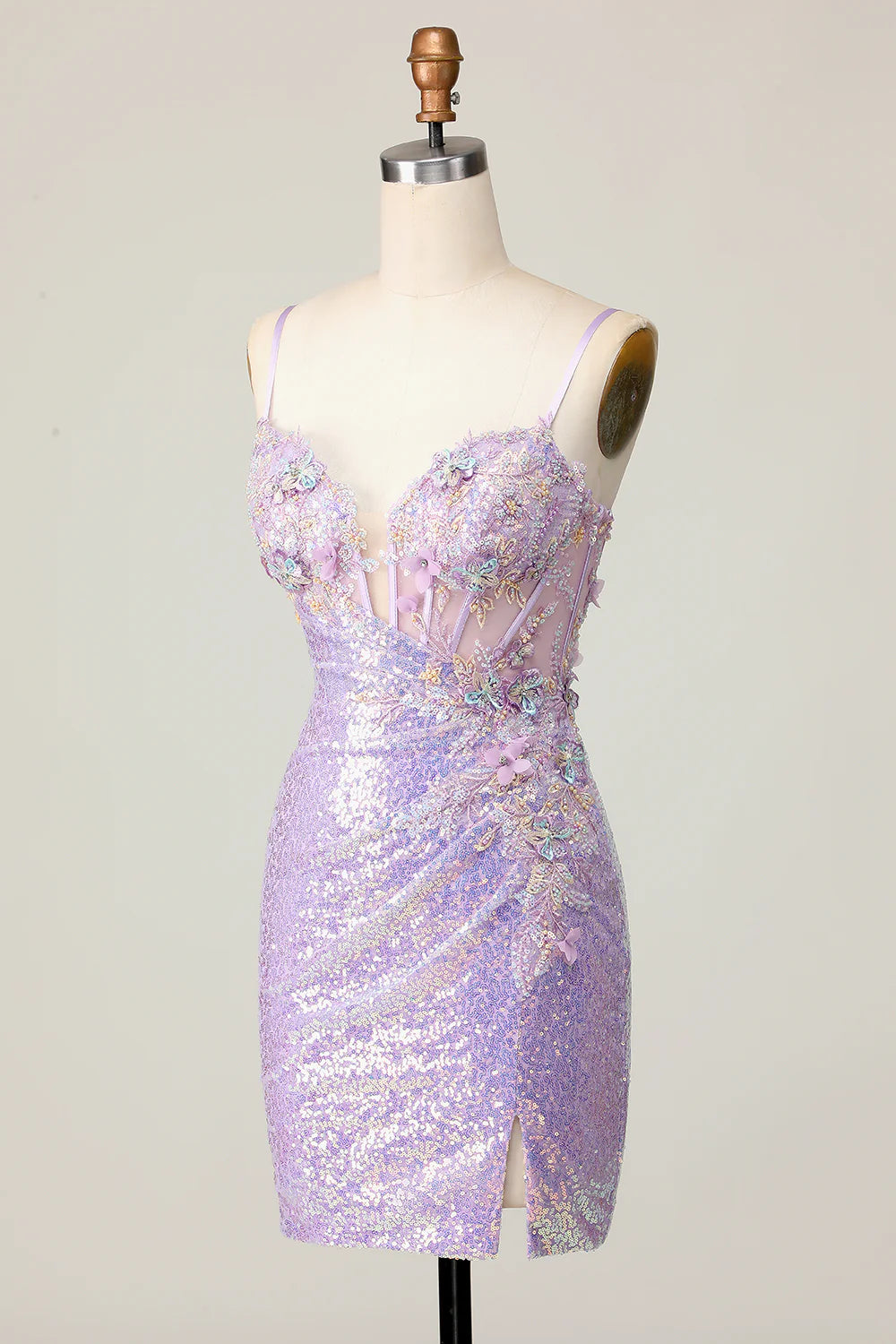 Side view of the lilac sequined and appliqued short homecoming dress.