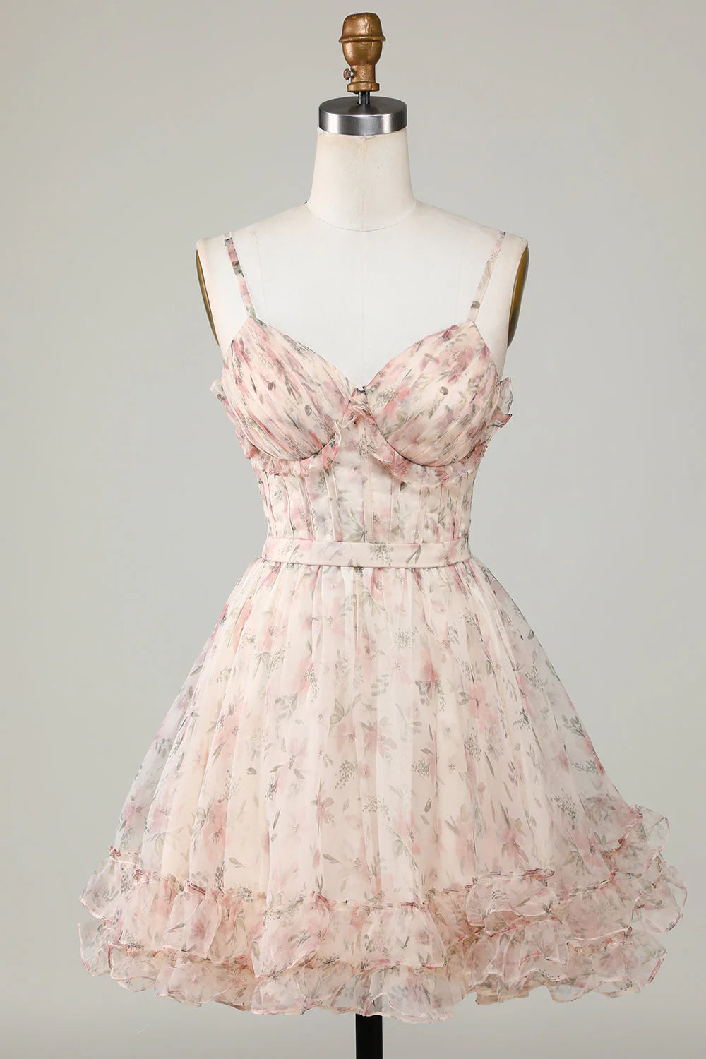 Champagne A-line short homecoming dress with floral corset bodice and lace-up back.