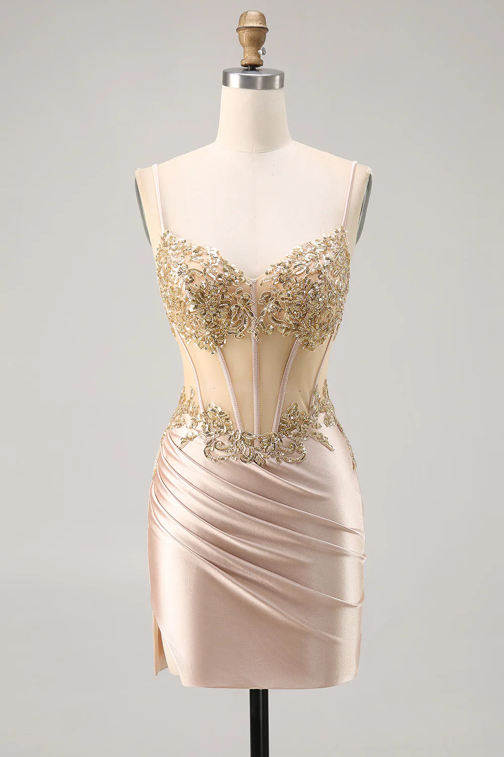 Champagne satin bodycon homecoming dress with corset bodice and sequins.