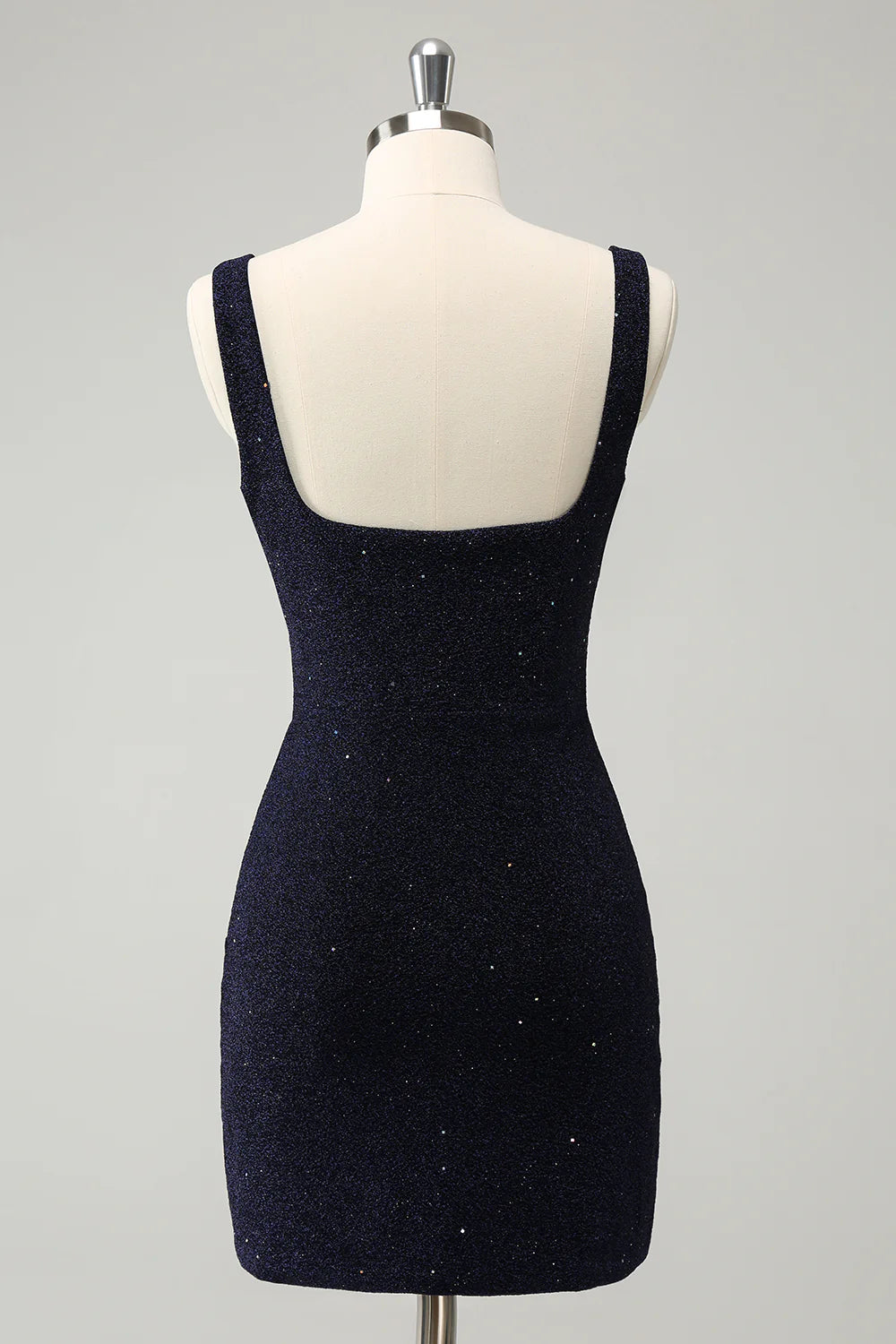 Back view of the dark blue bodycon square neck short homecoming dress.