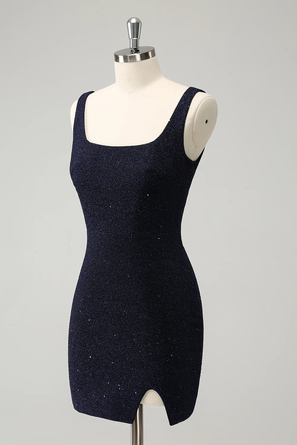 Side view of the dark blue bodycon square neck short homecoming dress, highlighting the slit.