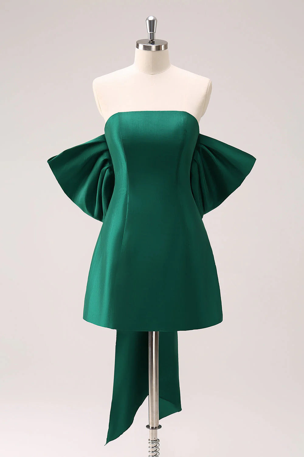 Dark green A-line strapless short homecoming dress with a bow.