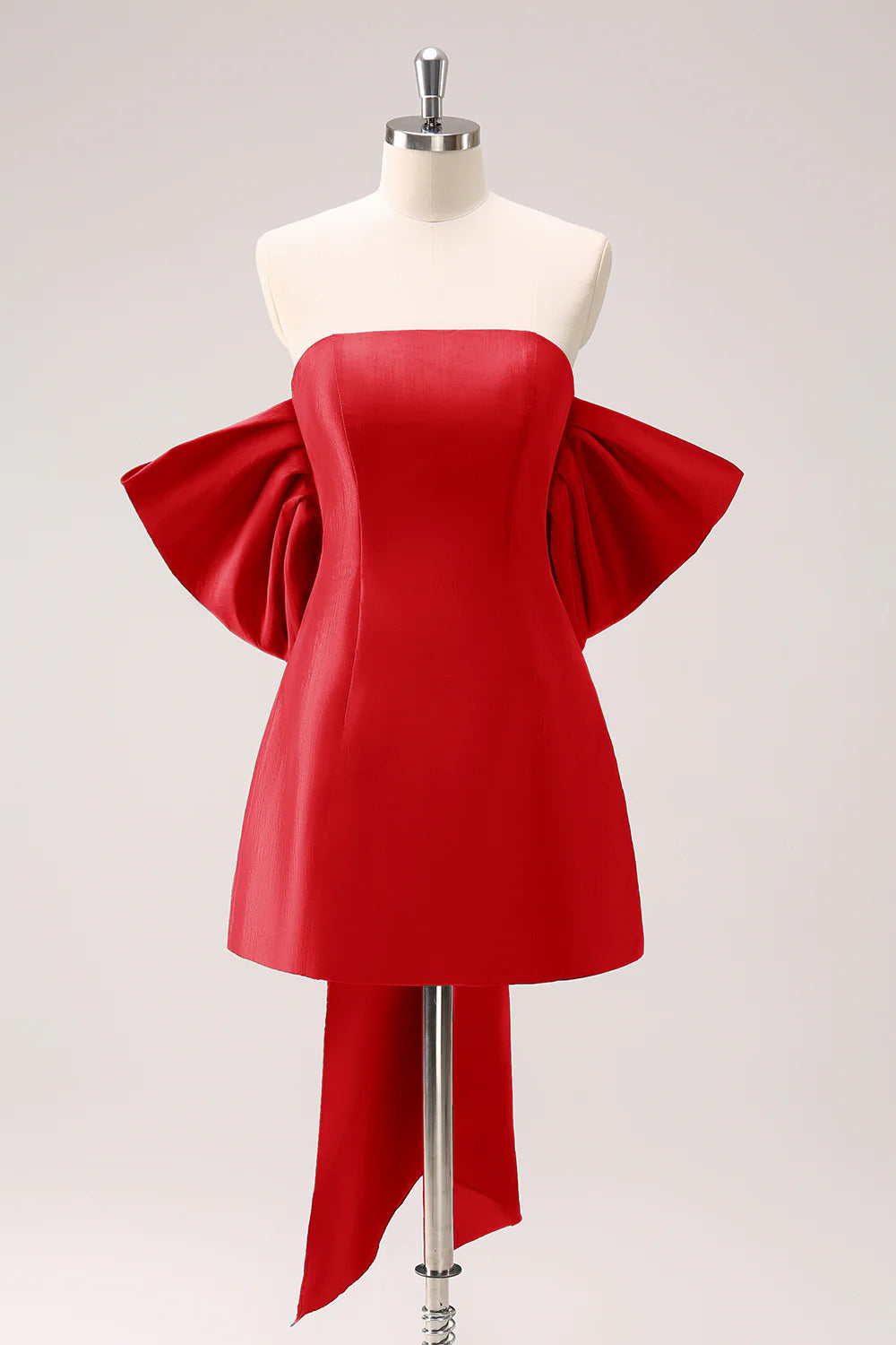 Red A-line strapless short homecoming dress with a bow.