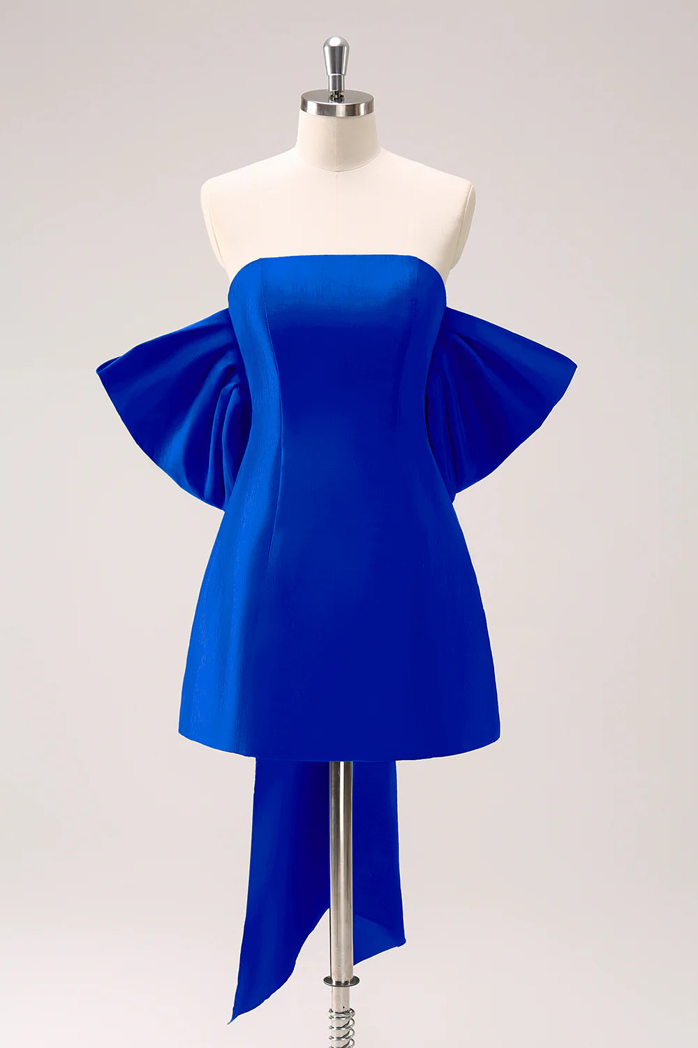 Royal blue A-line strapless short homecoming dress with a bow.