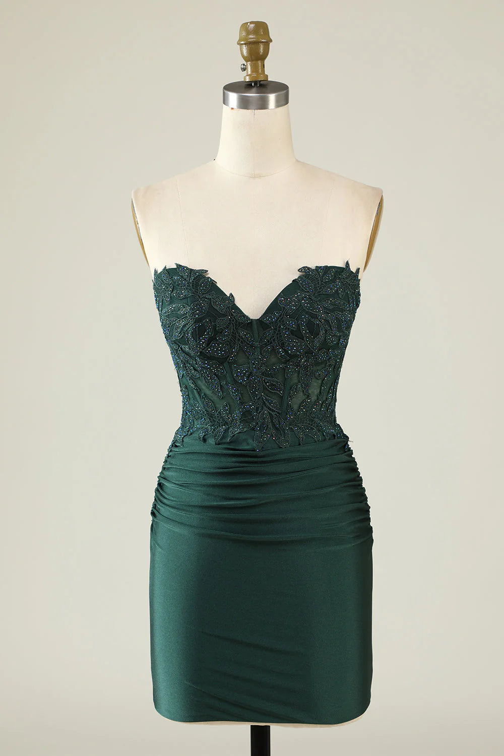Dark green bodycon strapless homecoming dress with applique and beading.