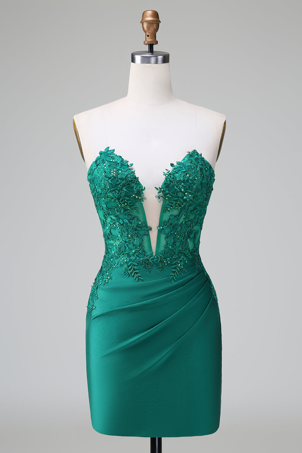 Elegant Dark Green Bodycon Strapless Pleated Beaded Short Homecoming Dress.