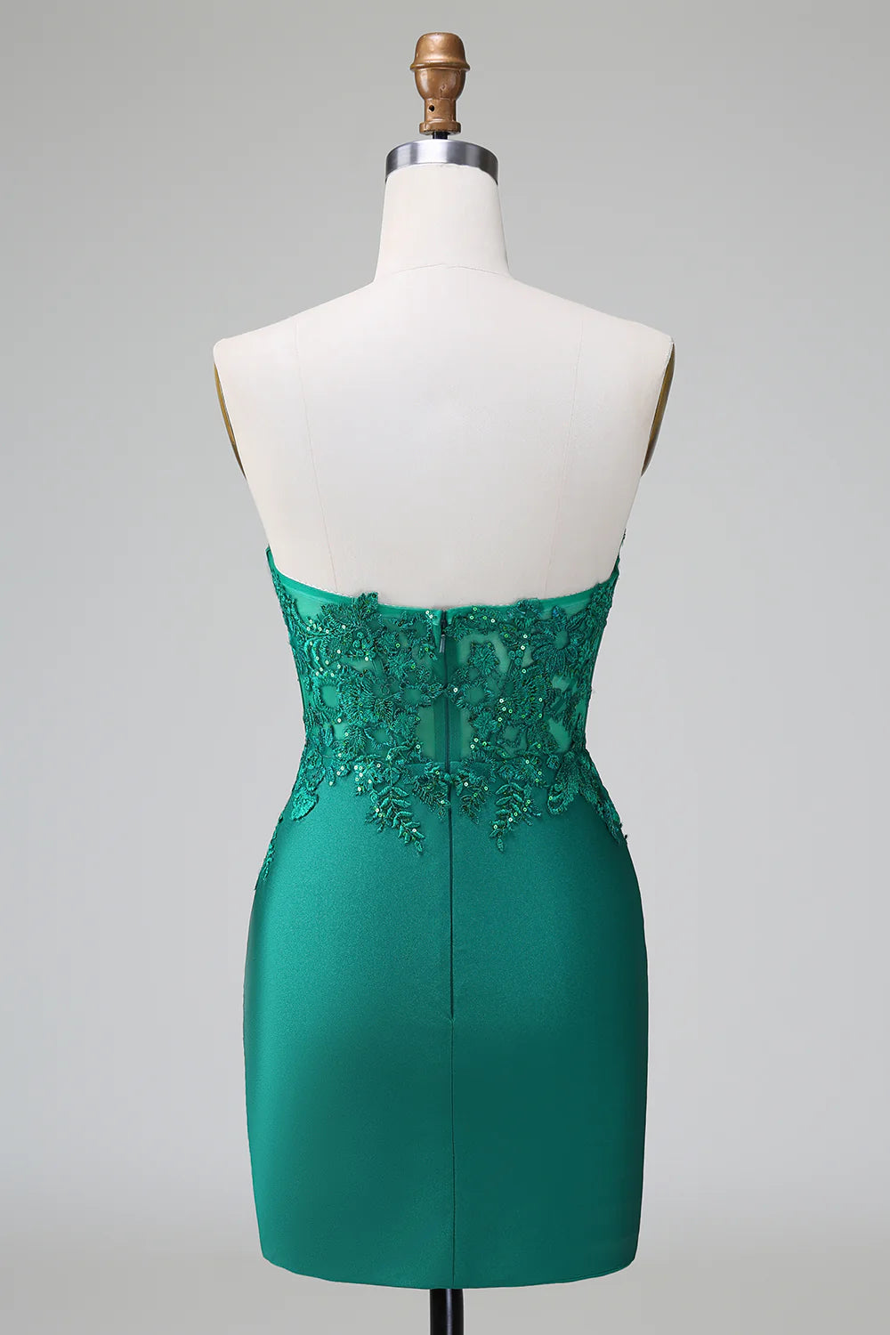 Back view of Dark Green Bodycon Strapless Pleated Beaded Short Homecoming Dress.
