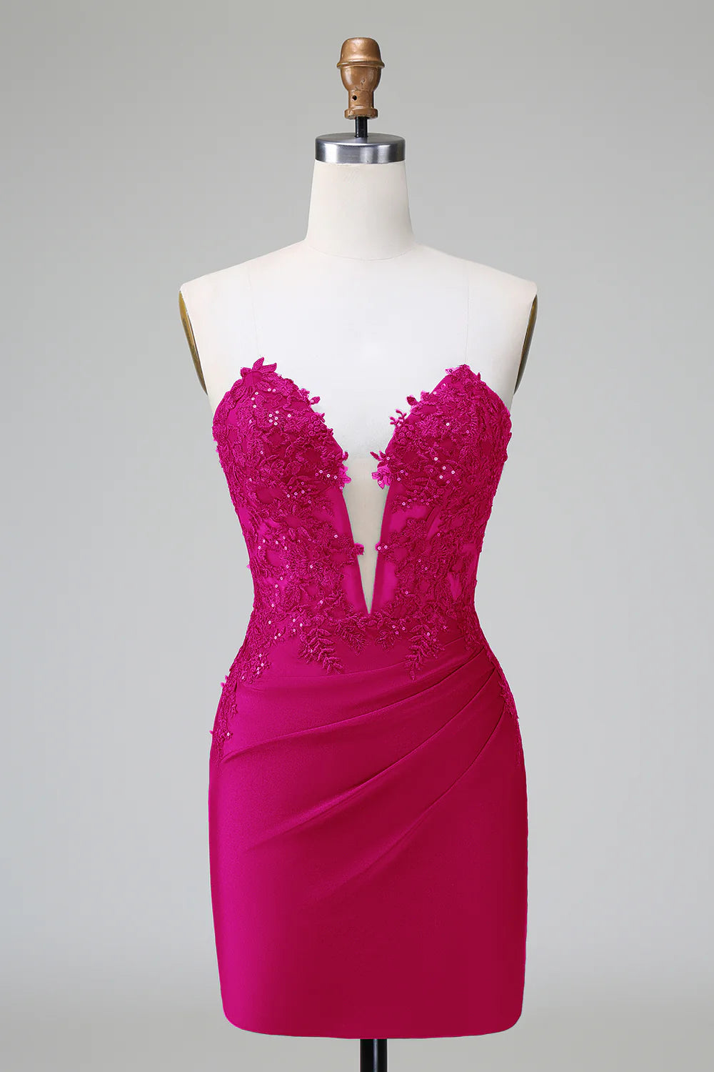 Fuchsia Bodycon Strapless Pleated Beaded Short Homecoming Dress.