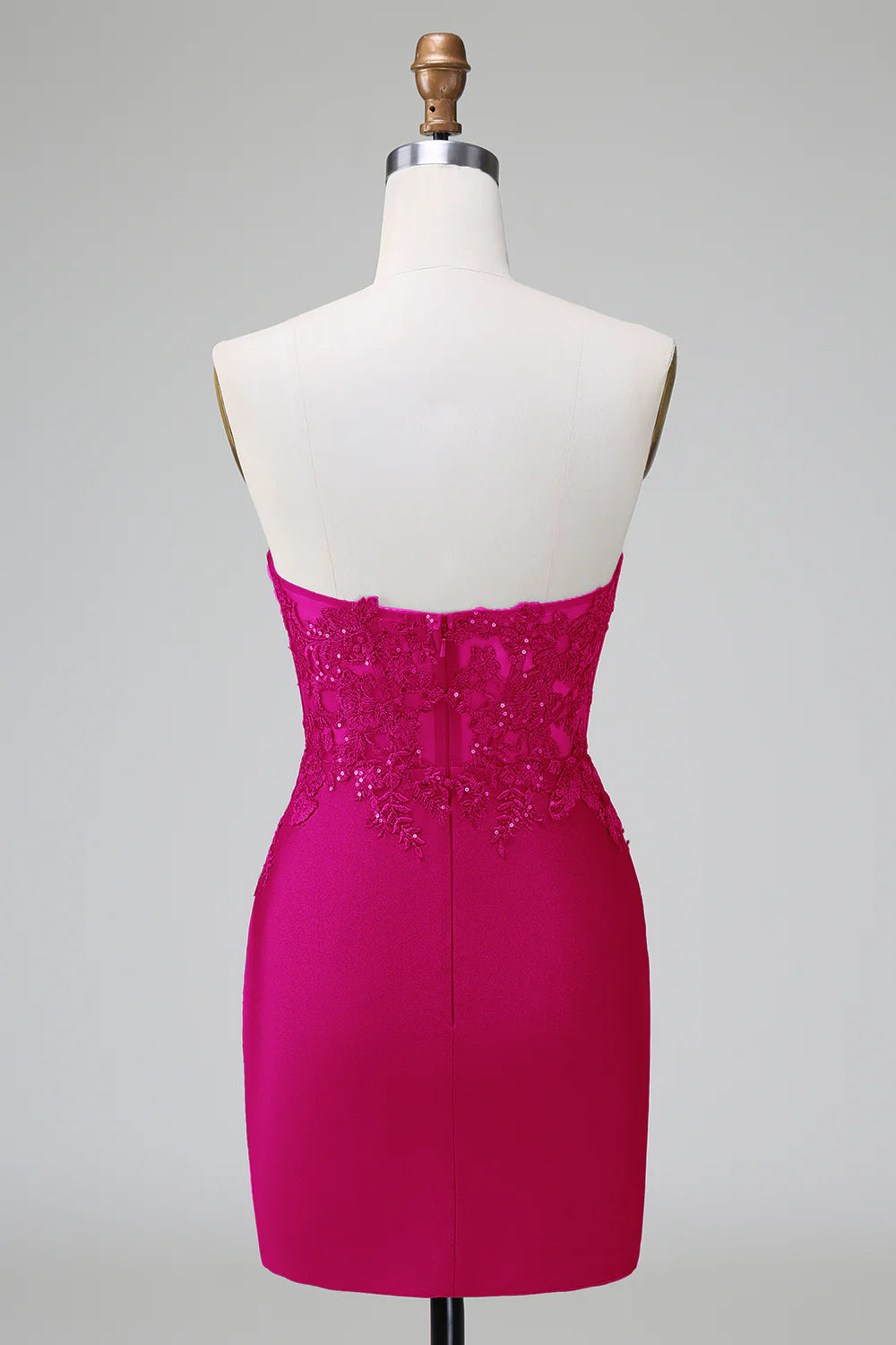 Side view of Fuchsia Bodycon Strapless Pleated Beaded Short Homecoming Dress.